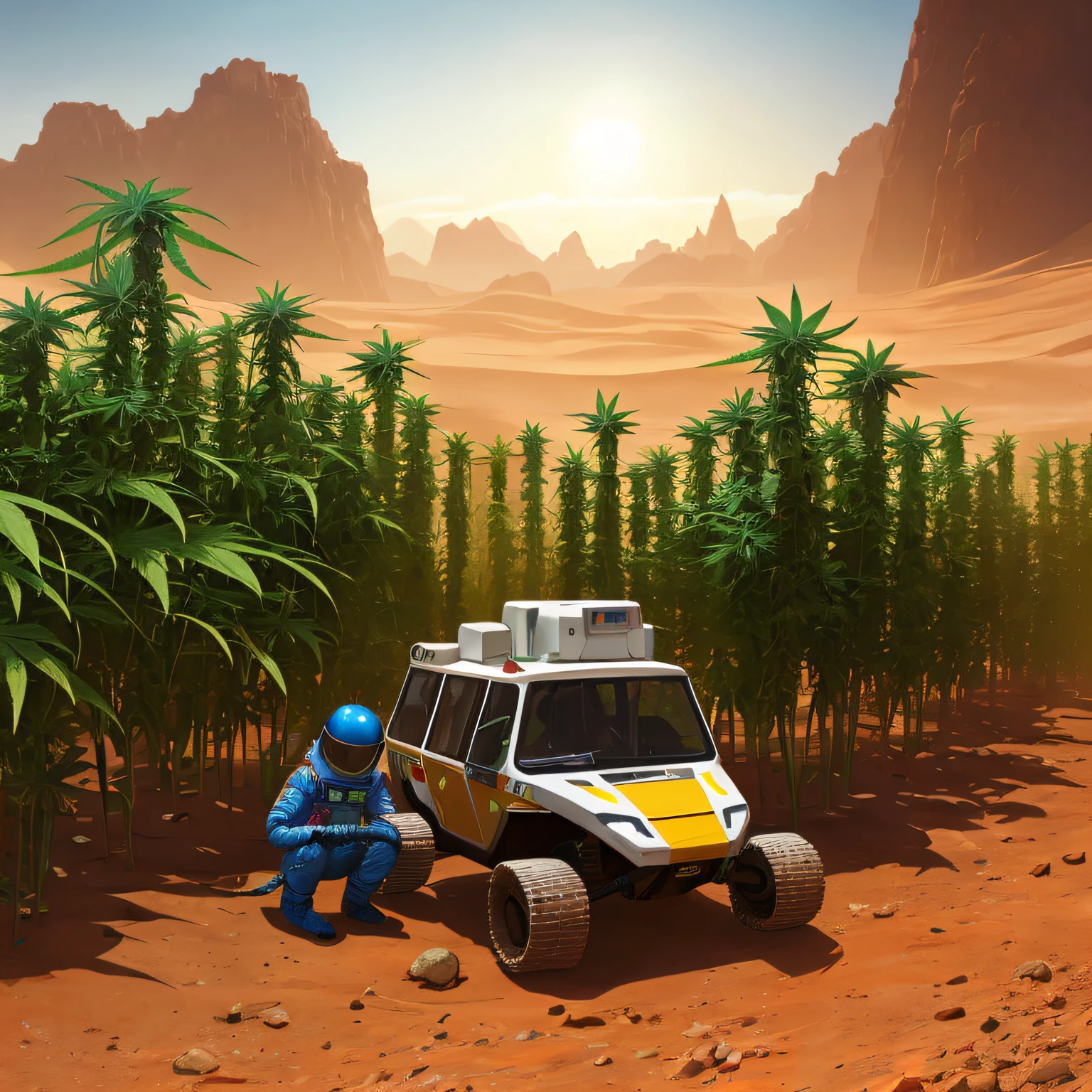 a SCIFX Rastafarian in a spacesuit sitting on the ground, Wojtek Fus, Martian, space soldier on Mars with a gun, astronaut stranded on the planet, CGSeteration 8K, CGSetivity 8K, CGSsociety, 8 K, Ross Tran 8 K, science fiction illustrations, inspired by Stefan Koidl, space plants, cannabis and Martian crops take over the site --auto
