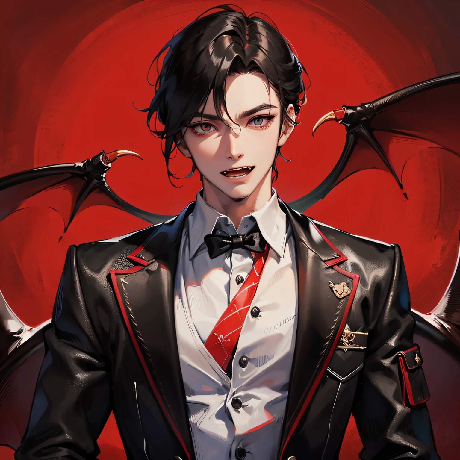 Absurd, high resolution, super detailed), 1 male, adult, handsome, tall muscular man, broad shoulders, black suit, scarlet eyes and delicate face, black hair, fantasy, vampire, fangs, fangs