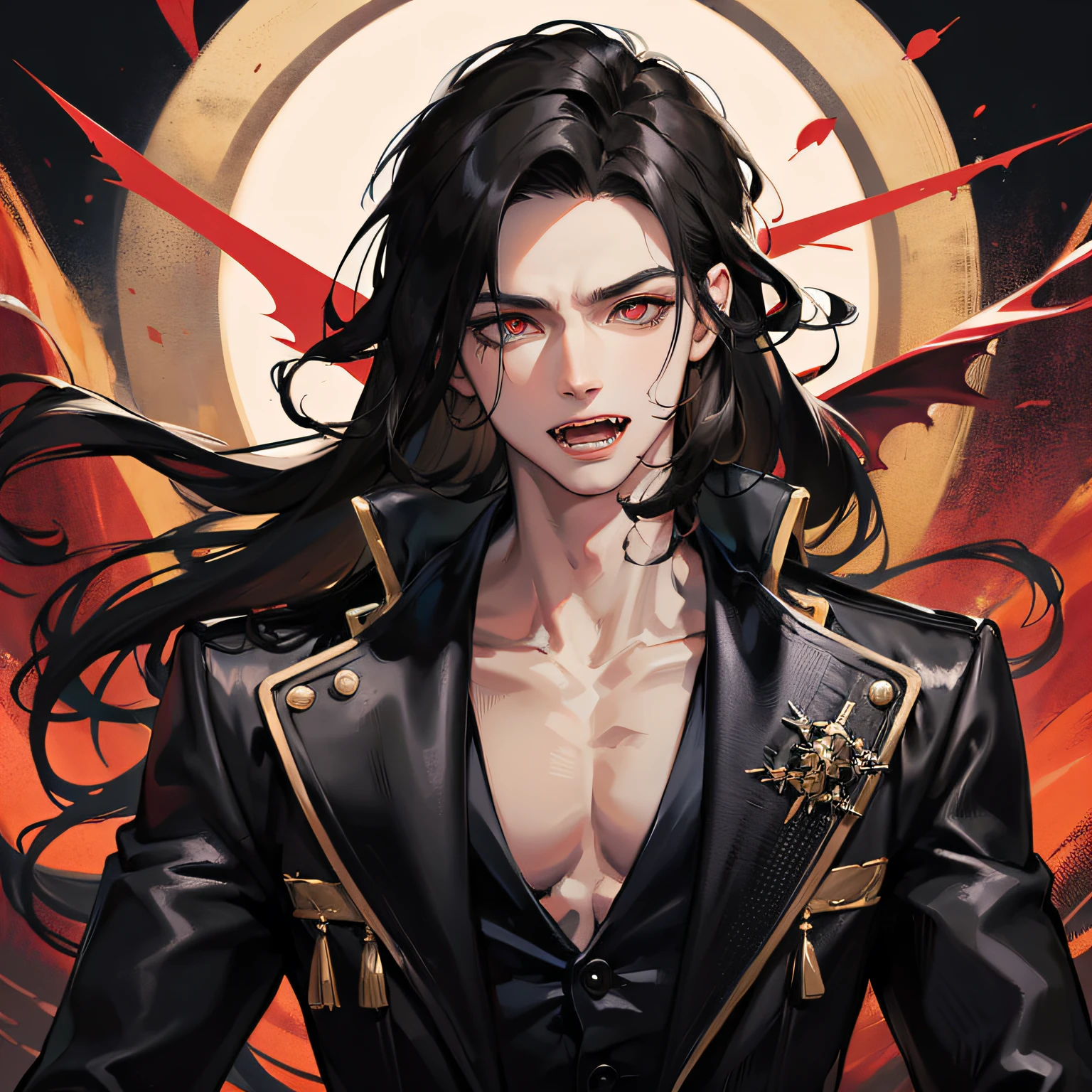 Absurd, high resolution, super detailed), 1 male, adult, handsome, tall muscular man, broad shoulders, black suit, scarlet eyes and delicate face, black hair, fantasy, vampire, fangs, fangs