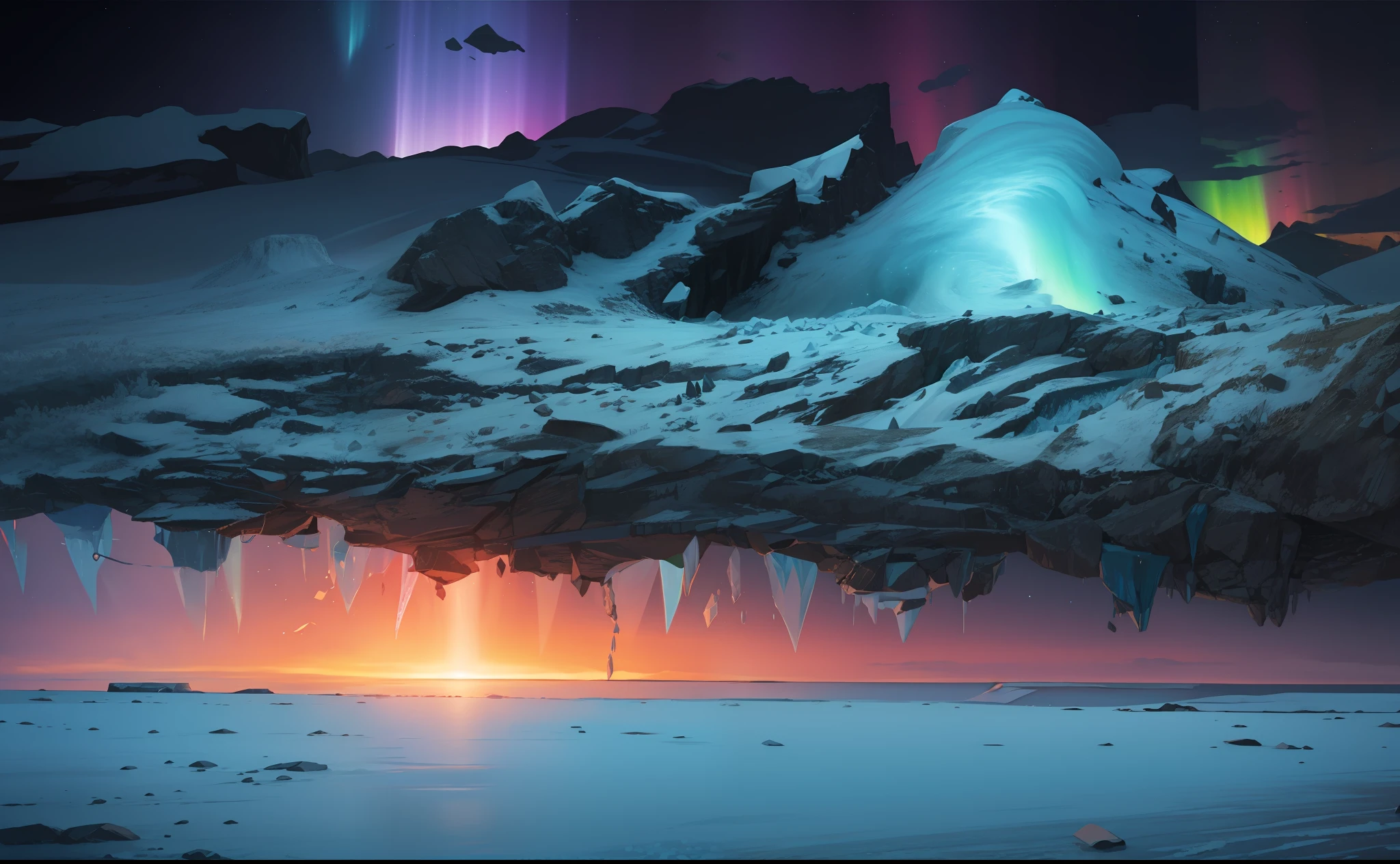 Ice age, Arctic glaciers, Northern Lights, starlight, ocean waves, only snow, realism, digital art, super clear, super realistic