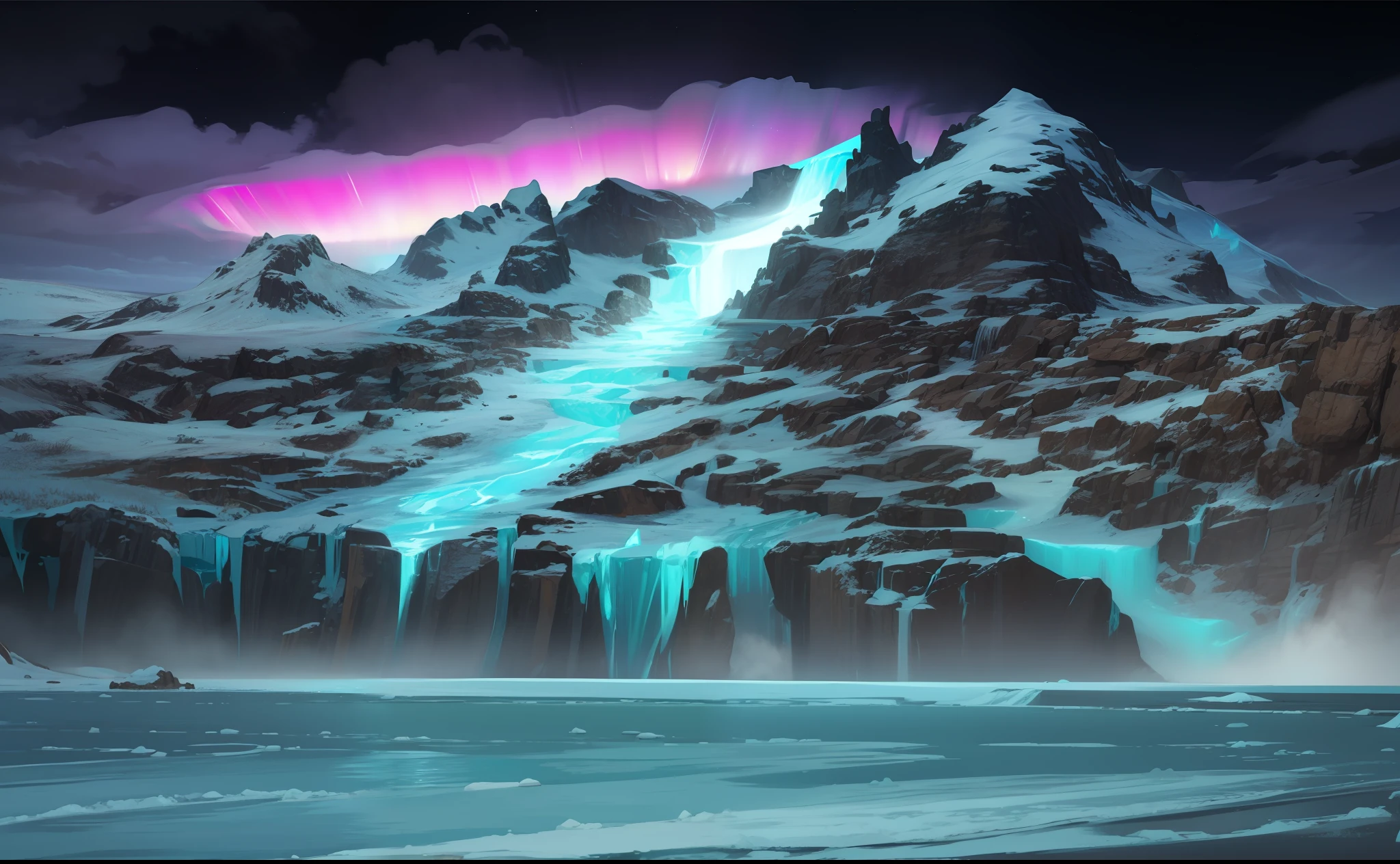 Ice age, Arctic glaciers, Northern Lights, starlight, ocean waves, only snow, realism, digital art, super clear, super realistic