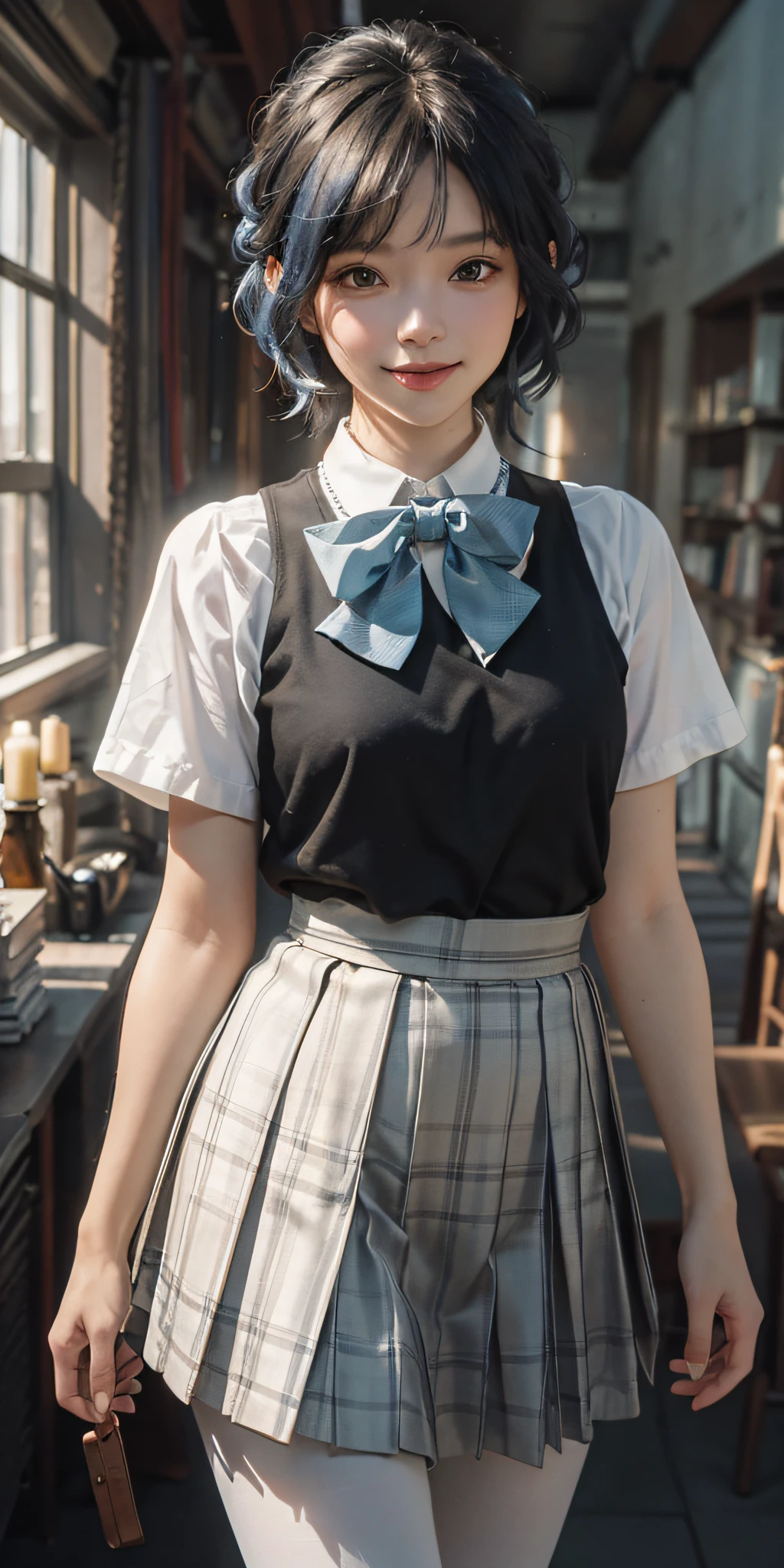 Best Quality, Masterpiece, High Resolution (Realistic: 1.4), 4K, 1 Girl, JKstyle, Short Sleeves, Skirt, Pleated Skirt, Smile, Slender Legs, City View, Indoors, Hair Tied, Head Tilt, Headband, Bow Tie, Black Shirt, Light Blue Hair, Texture, Window, plaid_skirt, High Quality Shadow, White Pantyhose, Single Light Source, Blurred Foreground, Depth of Field, Low Profile, Cinematic Lighting,