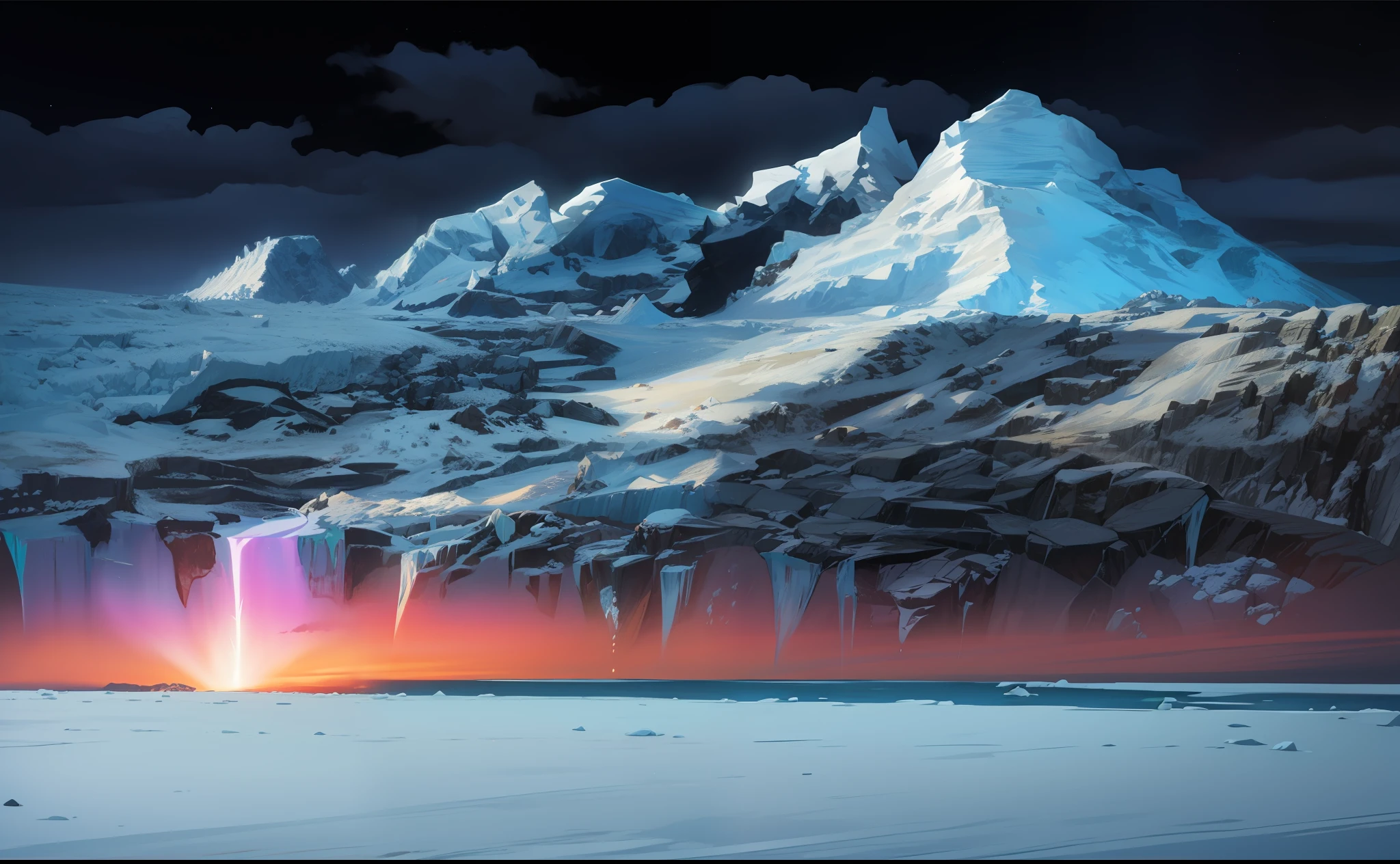 Ice age, Arctic glaciers, Northern Lights, starlight, ocean waves, only snow, realism, digital art, super clear, super realistic
