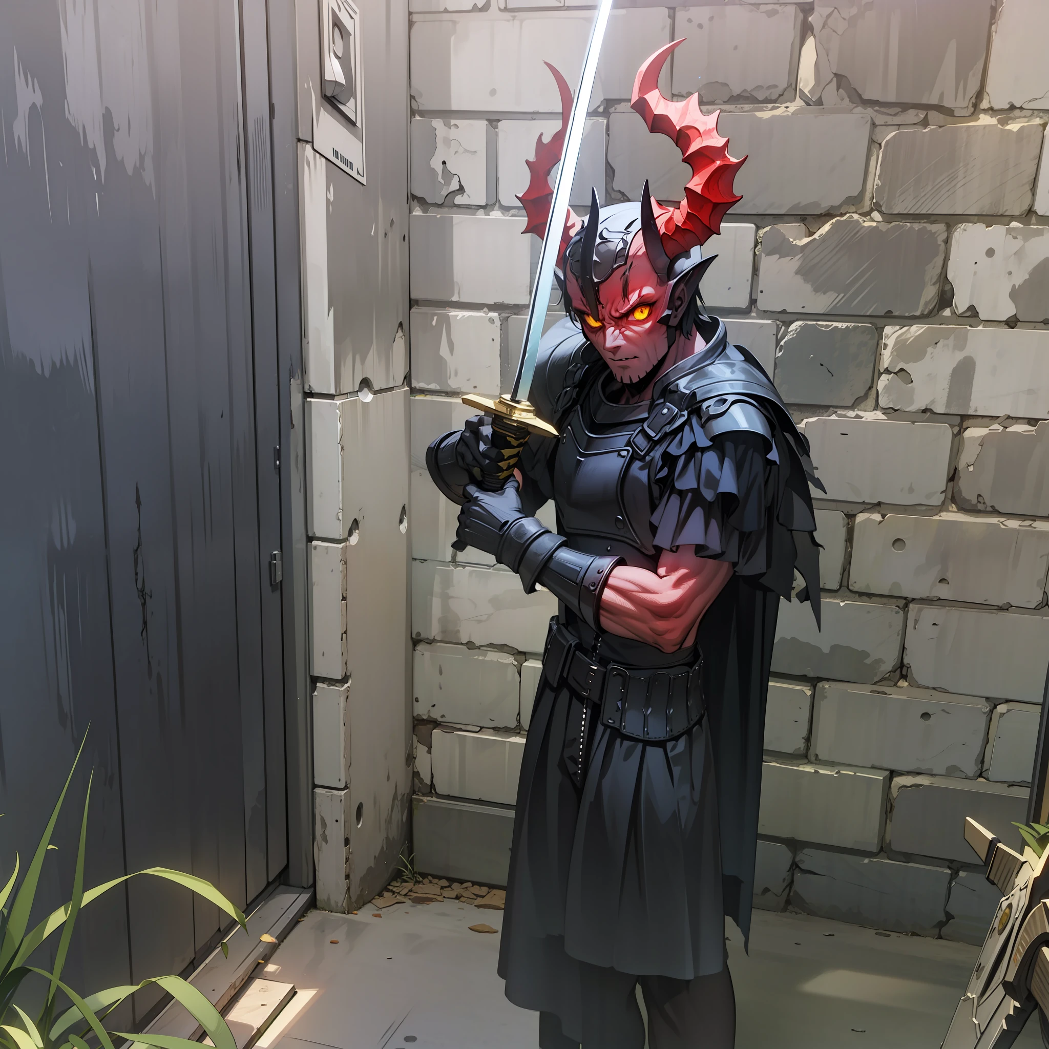 Demon, holding a sword,4k, yellow eyes, black armor