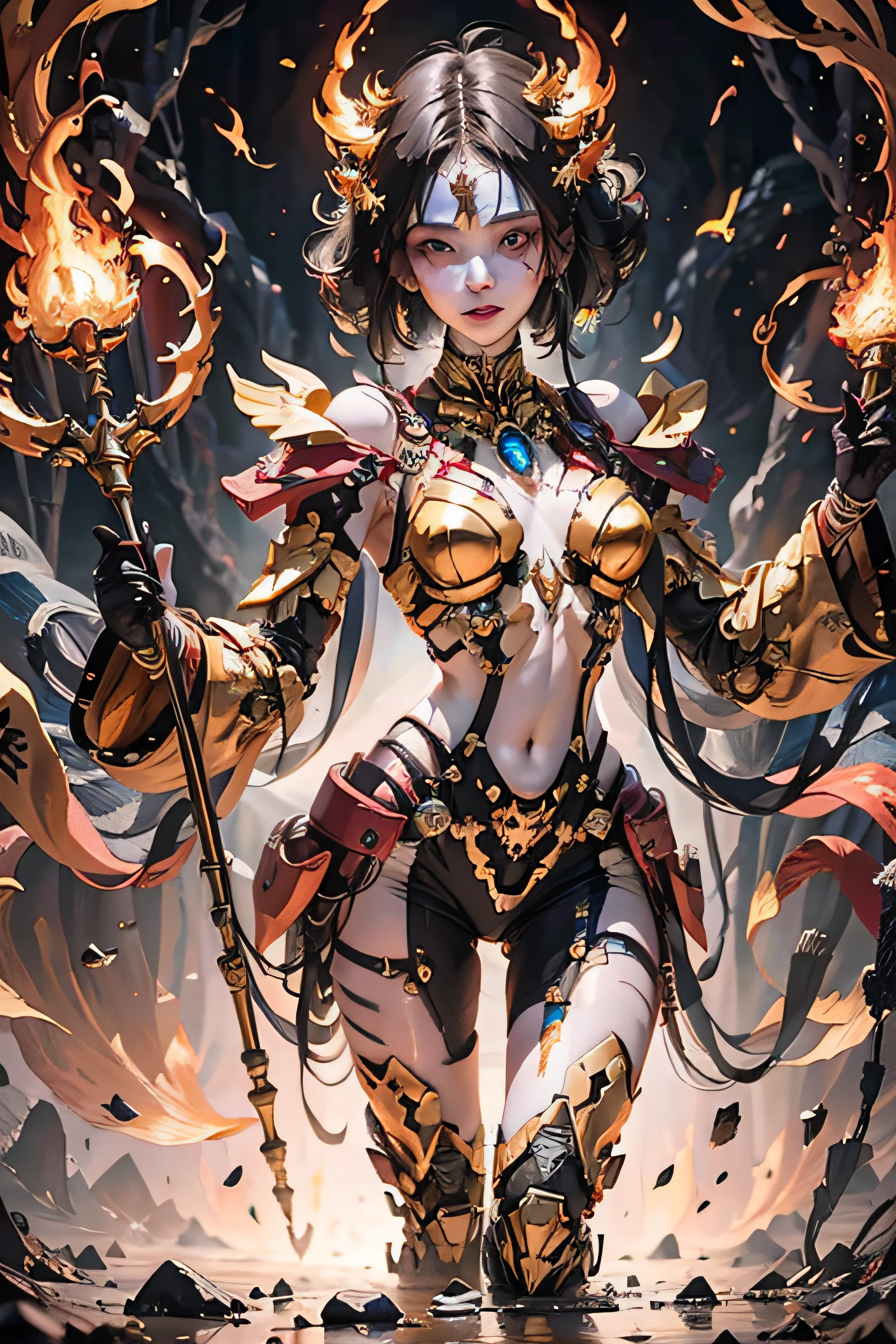 a beautiful demonic sorceress casting a fire spell,((holding a long golden majic staff)), standing and looking at the onlookers, several burning currents around her,(((detailed perfect face)))), light smile, beautiful face, seductive body, tall body, mature body, fiery aura BREAK, fireballs, dazzling orange and yellow spark around, small blue phoenix flying in the background, lava on the floor, magma, sexy body BREAK, detailed, realistic, 4k highly detailed digital art, octane rendering, bioluminescent, BREAK 8K concept art resolution, realism, by studios Mappa, masterpiece, best quality, official art, illustration, ligne claire, (cool_color), perfect composition, absurdists, fantasy, focused, rule of thirds,