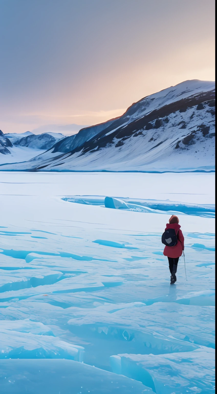 Use X to design images of a woman walking through a world of ice and snow, followed by a wolf dog all the time, surreal 3D landscape style. Light orange and white, soothing landscape, flowing landscape, 8K, fictional landscape, silhouette Shadino