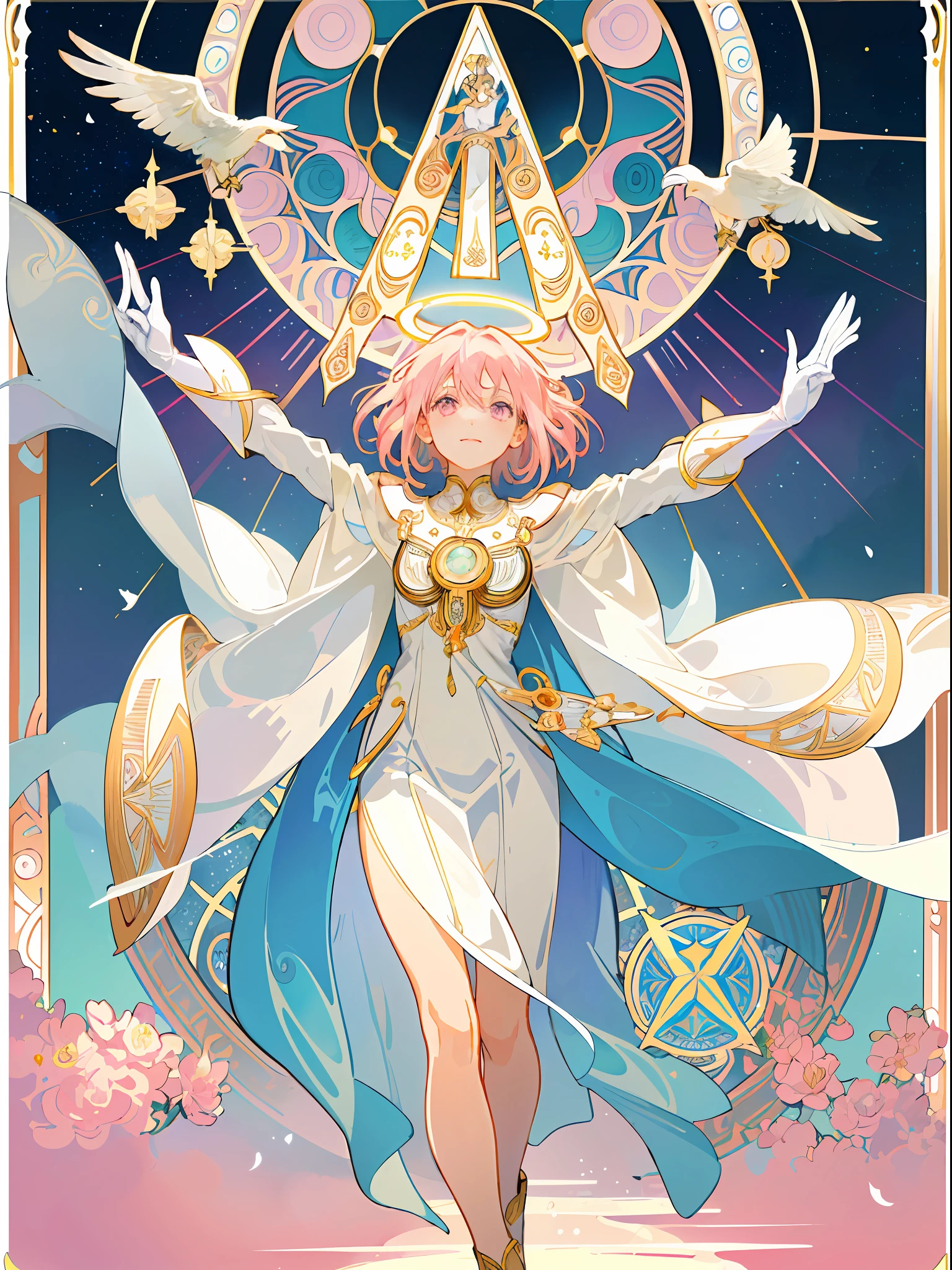 ((masterpiece,best quality)),(1girl, solo:1.4),beautiful detailed eyes, vivid, cinematic light, full_body, pink_flowers, (tarot_card), intricate, detailed background, looking_at_viewer, Madoka Kaname, hands reaching out, (flat chest), (walking), casual pose, posing, (white_gloves), (pink_eyes), white feathers, sparkles, glitter, celestial, outerspace, by alphonse mucha, (gold frame), halo, (tarot border)