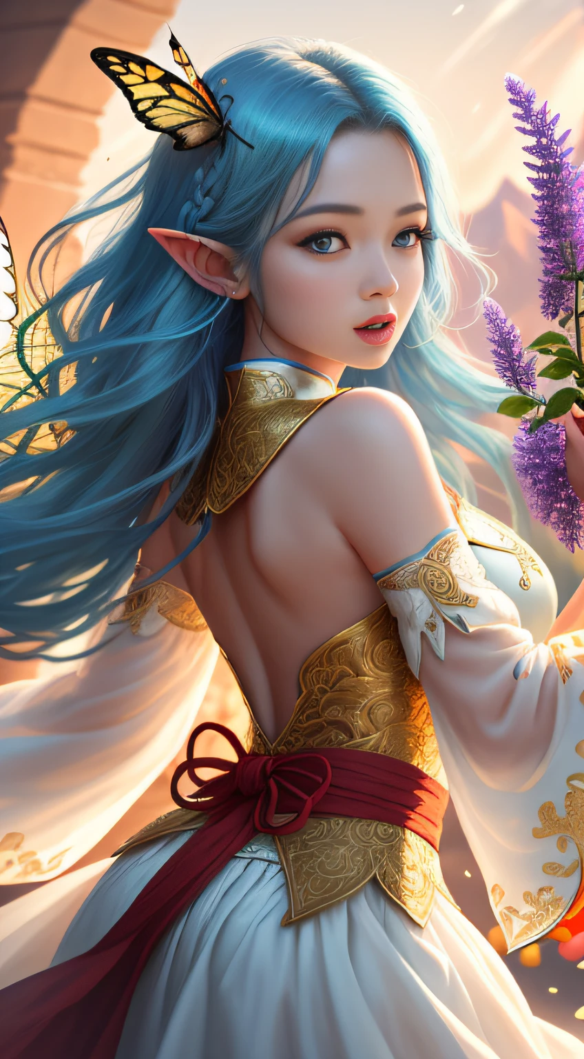 masterpiece, highres, realistic, photographic, exquisite body, gorgeous face, milky skin, intricate details, high resolution, high detail RAW color photo, wallpaper,. 1girl, long hair, bug, pointy ears, butterfly, flower, dress, white hair, solo, detached sleeves, wings, butterfly wings, hair ornament, open mouth, blue eyes, white dress, blue hair,Golden tassels, delicate embroidery patterns,The elaborate braids, the Greek dresses,chinese clothes,many wisteria,Whirlpool, entanglement, colorful flowers, dunhuang clothes,streamer,dancing, .VSCO A7, HDR, highres, depth field, boken, ISO 200, golden hour, vignette, rainbowing, The color is bright, Rich in color, dramatic angle, dynamic pose, overall view, backlight, from the Side below silk, many colorful, multicolored background, film grain, lens flare, dutch angle, motion blur, 16K, best quality,The color is bright, Rich in color style-paintmagic.