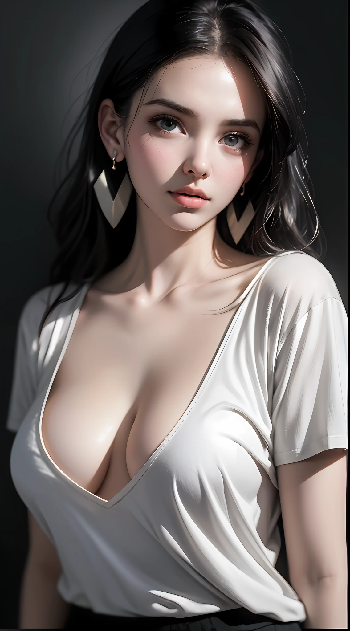 beautiful girl, high precision illustration, downblouse, plain t-shirt, open chest t-shirt, earrings, accessories, monotone, cinematic light, ink wash, pop art, detail enhancement, edge sharpening, texture enhancement, high resolution, high detail, highlight, whimsical, shadow, high contrast, shadow play