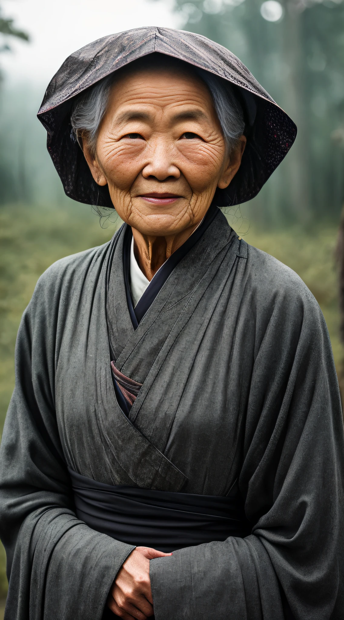 Front bust portrait photography style, world masterpiece, super unique high professional digital art, film format, hyper-realism, color film photography with ultra-fine details and quality, background is deep in the forest, an old woman in rural China, a wise woman. She has a kind face and her eyes are kind and shrewd. Her skin has been blackened and powerful by the sun and rain, and the wrinkles are fixed on the corners of her mouth and forehead, making her look more precipitated by his years. Although wearing a dark gown, although simple in appearance, it exudes sublime wisdom and a sense of tenacity of strength.