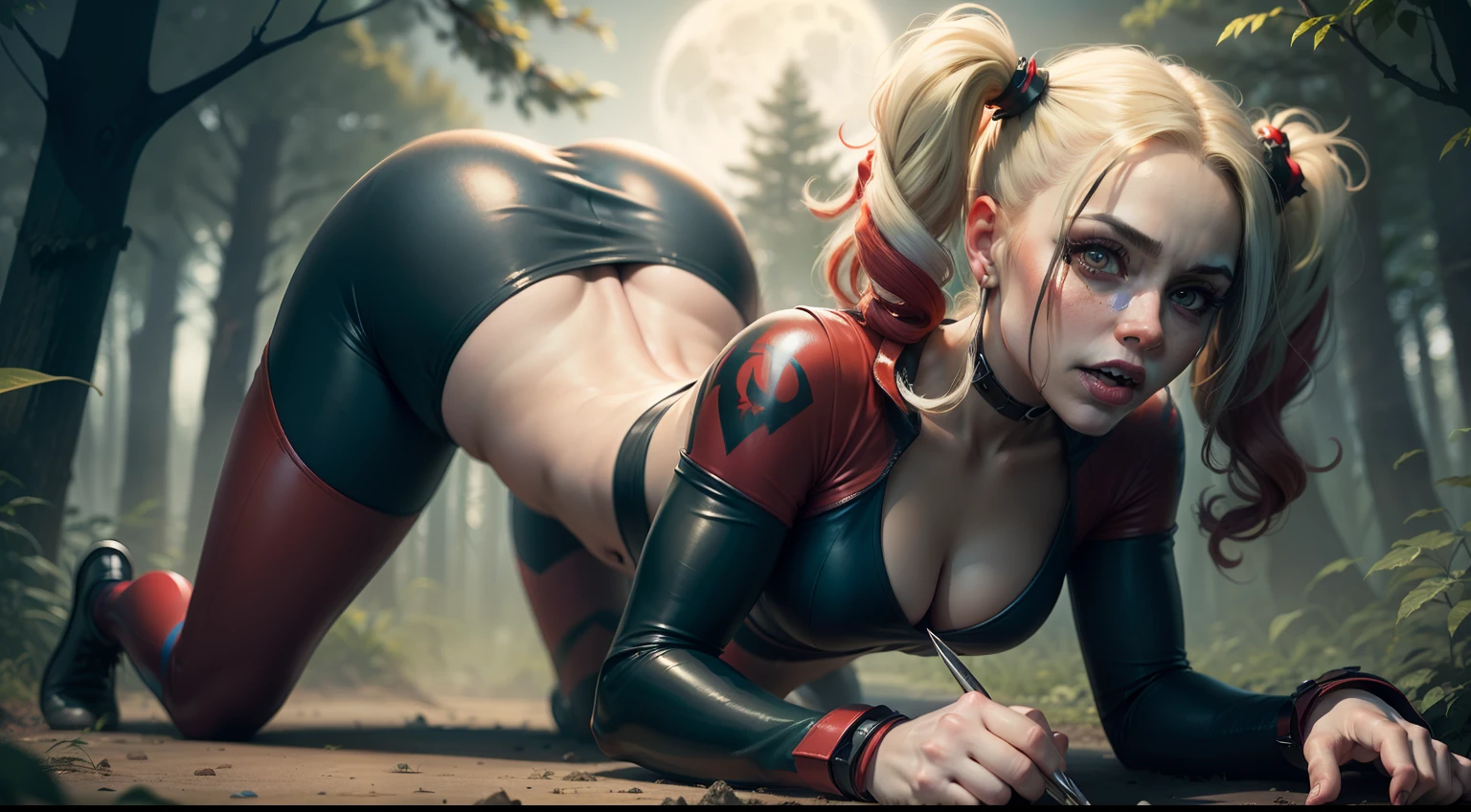 (masterpiece, best quality), Harley Quinn, beautiful woman, on all fours, becoming werehyena, pigtails, furry tail, sharp teeth, clawed hands, beautiful face, perfect face, big gorgeous eyes, parted lips, perfect slim fit body, forest, full moon, bright colors