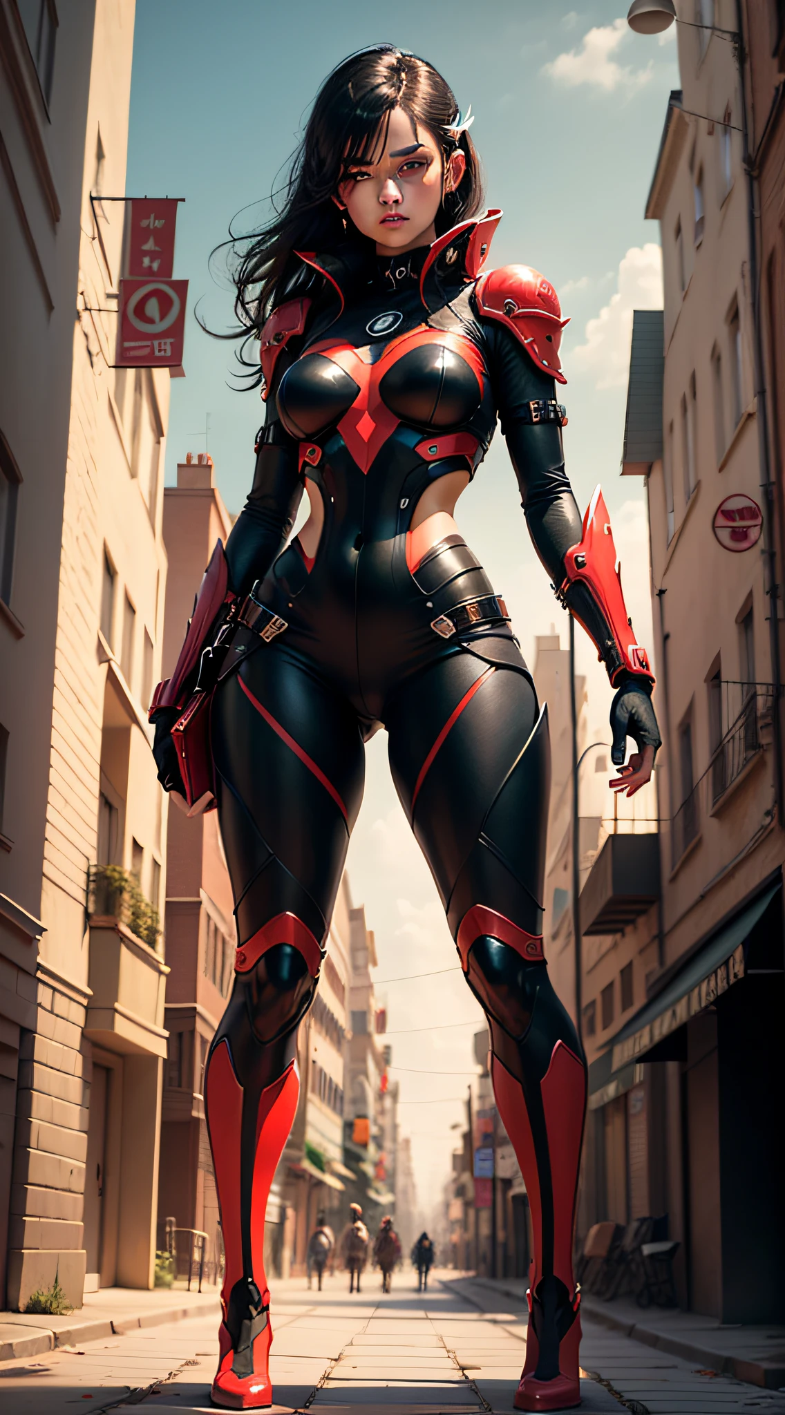"(masterpiece, best quality) futuristic with the colors black and red on a street of a city of the future,Fantasy scenery, battle, bright and bright colors. --auto