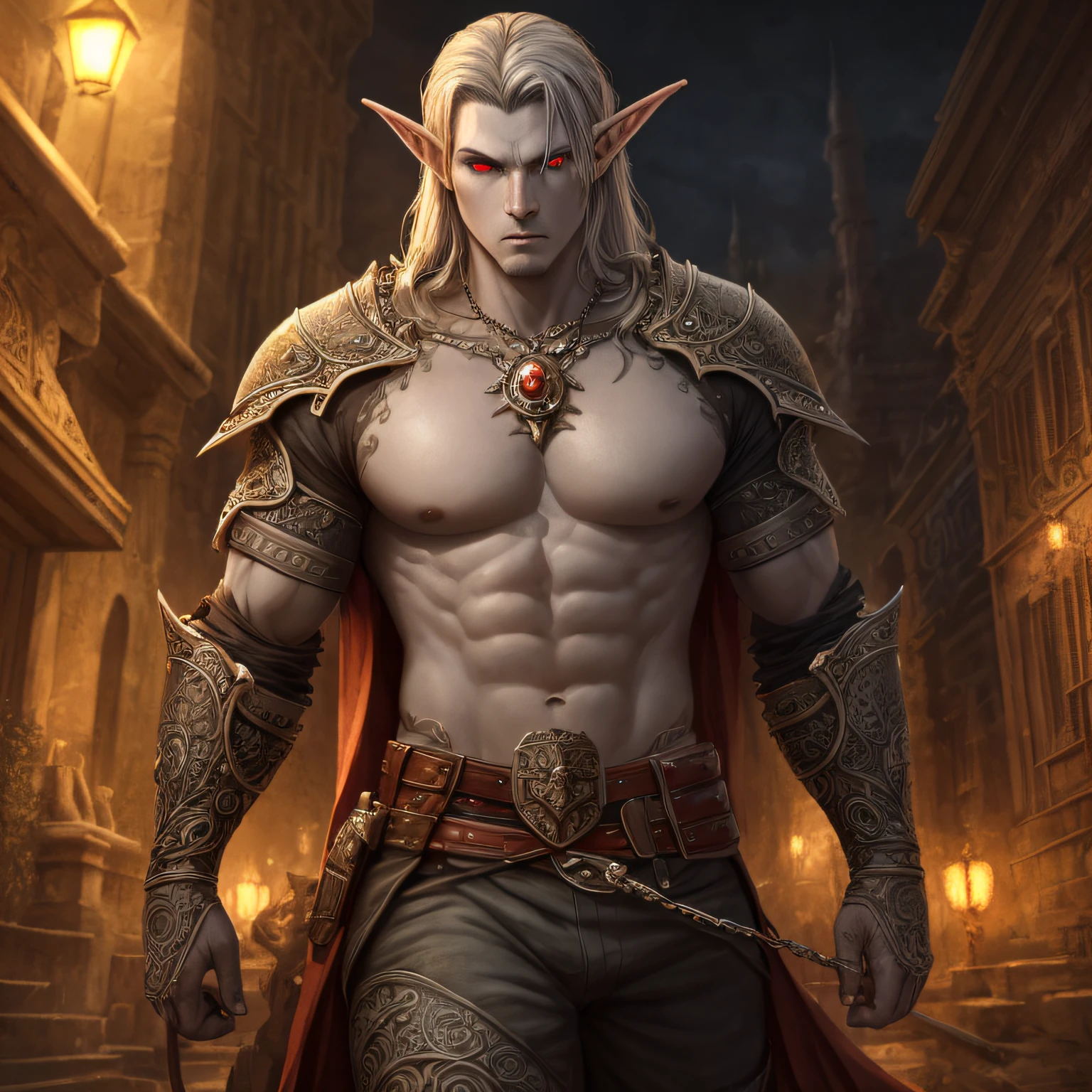 Moroni Cruz, full height, dante, dmc, fantasy style, masculine, divel power, demonic power, more motivation, armor, (elf ears), (gray skin:1.35), ((red eyes))), ((dark elf)), drow, (titan) (dark photo:1.17), realistic epic, faded, ((neutral colors)), art, (hdr:1.5), (muted colors:1.2), hyperdetailed, (artstation:1.5), cinematic, warm lights, dramatic light, (intricate details:1.1), complex background, (rutkowski:0.8), (navy blue and orange:0.4), ((intricate details)), hdr, ((intricate, hyperdetailed details)) --auto