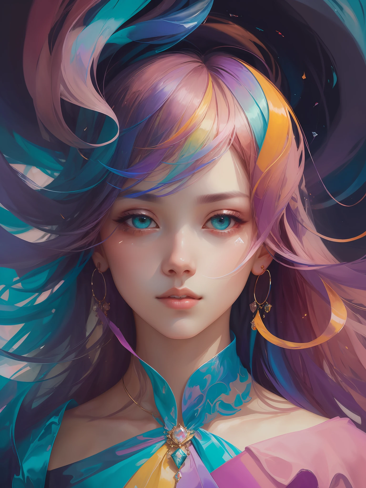 _james jean, floating female figure made of ribbons, smoke, in the sky, colorful and vibrant, mystical colors, contemporary impressionism, yanjun cheng portrait painting, iridescent painting, 3/4 perspective view, cute face, low angle, sweeping circling composition, large beautiful crystal eyes, big irises, UHD, HDR, 8K, (Masterpiece:1. 5), (the most beautiful portrait in the world:1.5)
