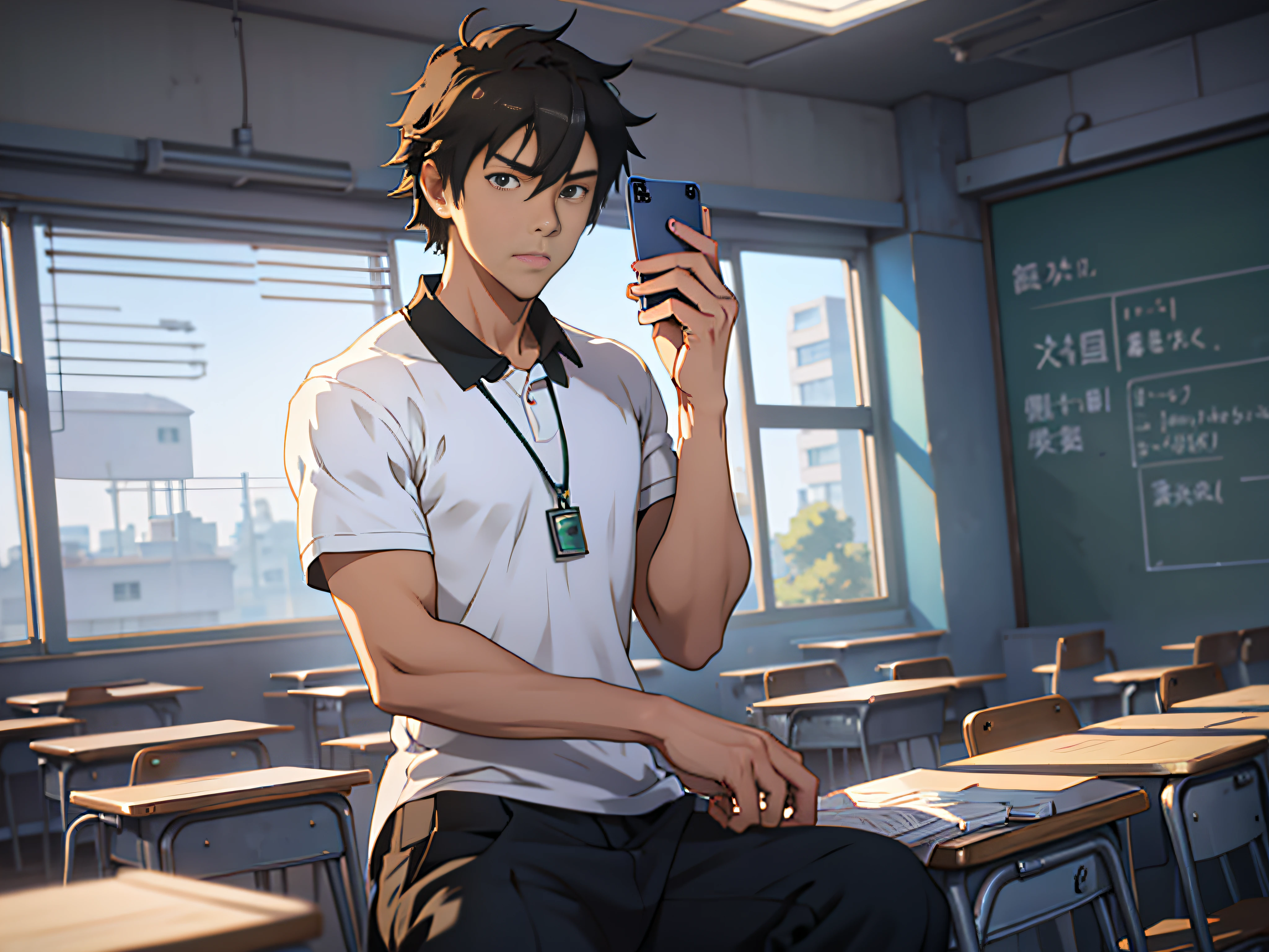 An anime boy character sitting on a chair, a high school boy in a school classroom, (holding a mobile phone 1.5), the man wearing a white T-shirt, the background is inside the classroom, sitting on a stool, the camera is mainly the upper body, the dollar is flying in the air 2.2, money flying around him 1.5, Loepfe art style, ((Makoto Shinkai)), popular on CGSTATION, Makoto Shinkai. —H 2160, Loepfe aesthetics, Loepfe, inspired by Bian Shoumin, Loepfe hip hop, Shinkai Makoto, Kavasi, Guvitz style, high quality, 4K, 8K, resolution, --auto --s2