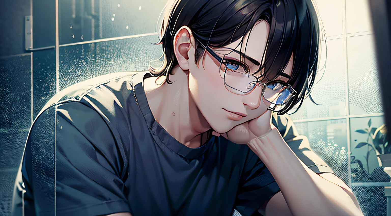 a teenager male, black hair, wear glasses, T-shirt, jeans, dark nifht, heavy rain, lonely, facepalm, tearing up, panorama, ray tracing, reflection light, chiaroscuro, cinematic lighting, glowing light, masterpiece, best quality, high details, highres, ccurate, textured skin, high quality, UHD, HD