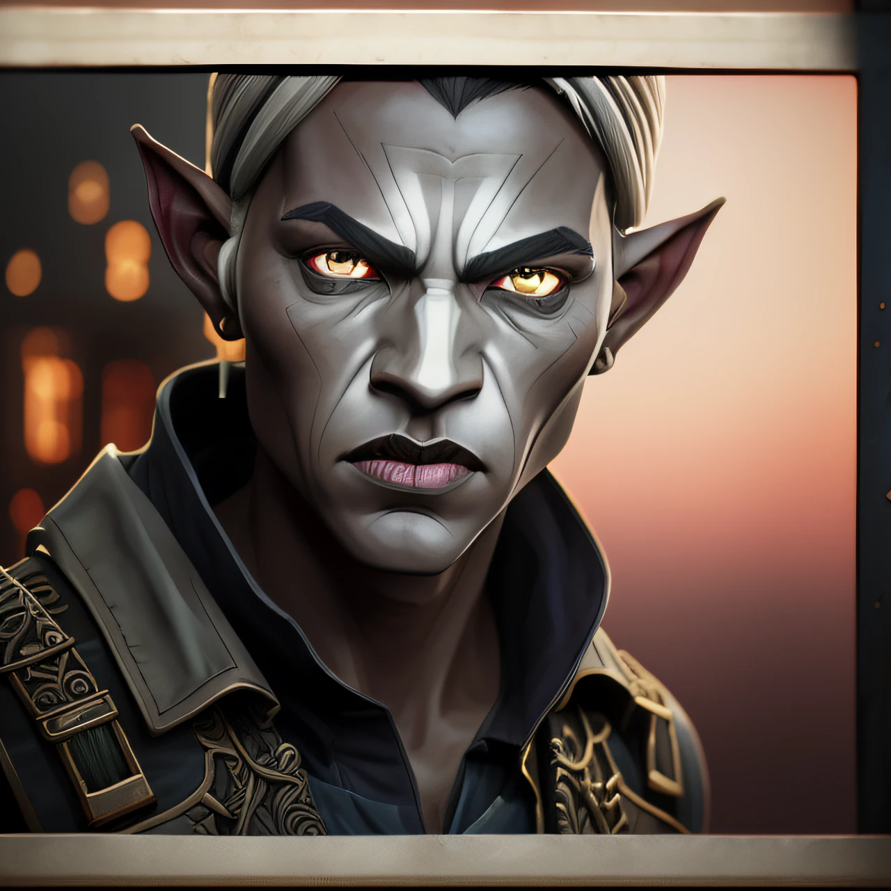 Moroni Cruz, full height, dante, dmc, fantasy style, masculine, divel power, demonic power, more motivation, armor, (elf ears), (gray skin:1.35), ((red eyes))), ((dark elf)), drow, (titan) (dark photo:1.17), realistic epic, faded, ((neutral colors)), art, (hdr:1.5), (muted colors:1.2), hyperdetailed, (artstation:1.5), cinematic, warm lights, dramatic light, (intricate details:1.1), complex background, (rutkowski:0.8), (navy blue and orange:0.4), ((intricate details)), hdr, ((intricate, hyperdetailed details))