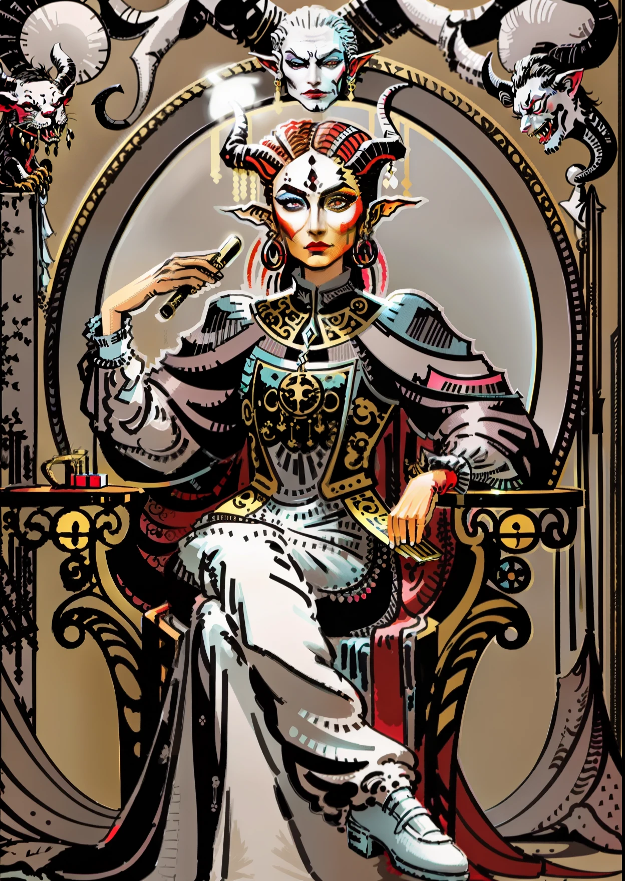 Make a tarot style picture of a make-up artist sitting in a chair in front of a mirror to apply makeup to a demon