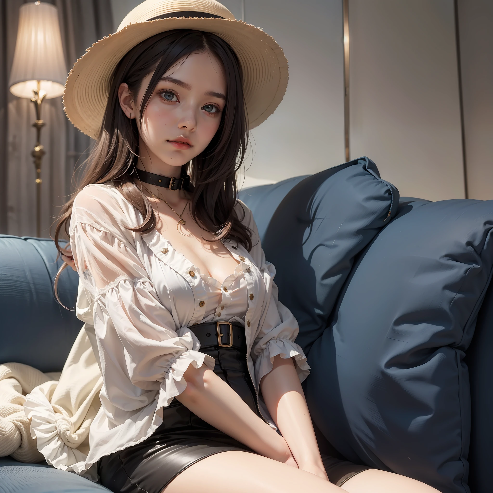 A melancholy 19-year-old girl sitting on a couch with a cute hat and collar, hands on cheeks, looking down.