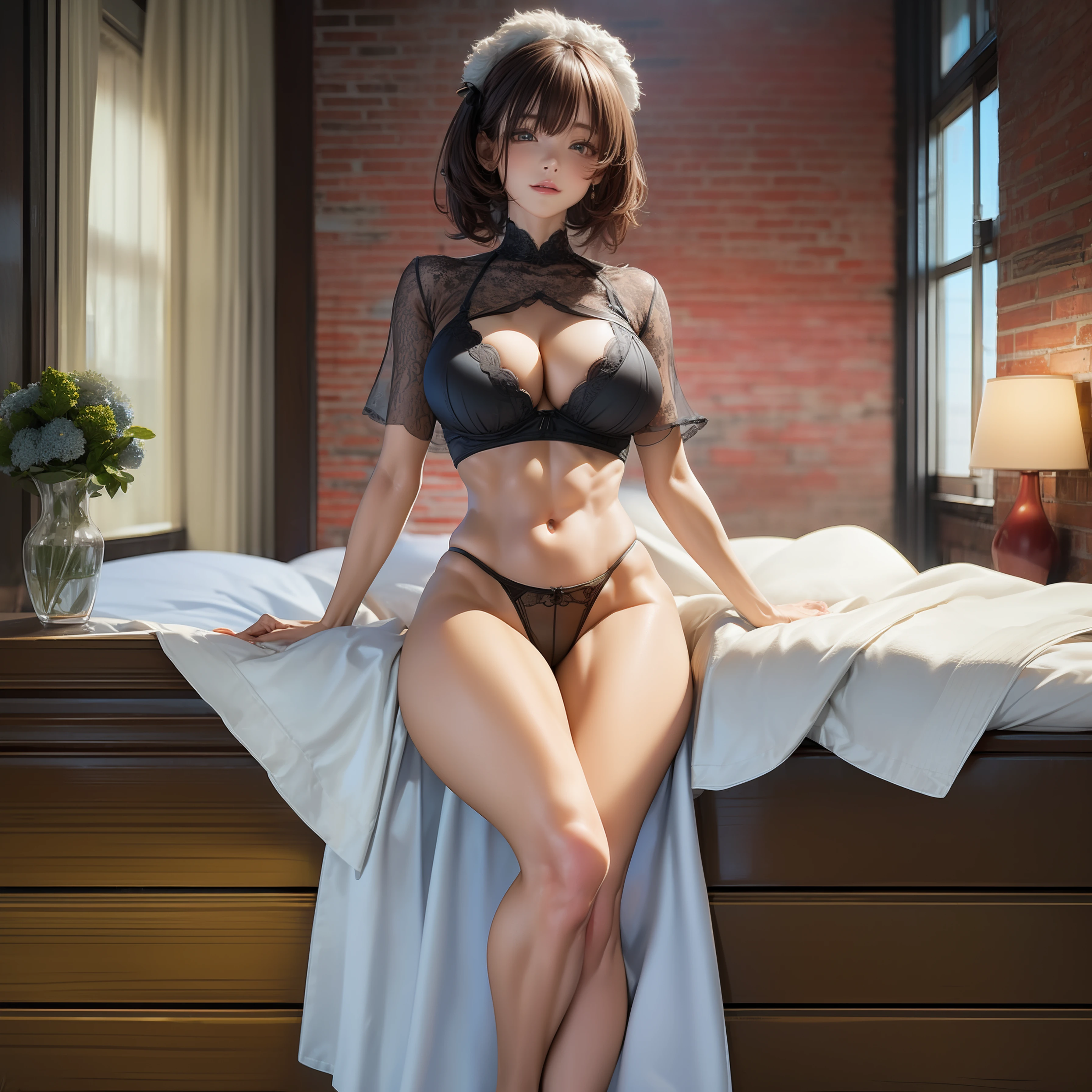 ((Top Quality, 8k, Masterpiece: 1.3)), 1 girl, Beautiful woman with cracked abs: 1.3, (Featured haircut, Big chest, H Cup: 1.2), Transparent black: 1.1, Ultra detailed face, Detailed eyes, Double eyelids, Full body transparent underwear on bed