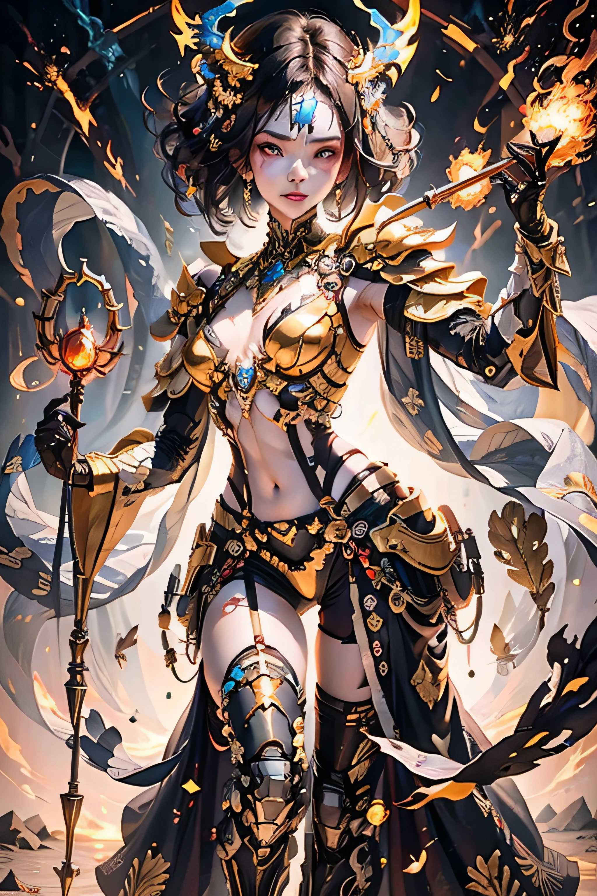 a beautiful demonic sorceress casting a fire spell,((holding a long golden majic staff)), standing and looking at the onlookers, several burning currents around her,(((detailed perfect face)))), light smile, beautiful face, seductive body, tall body, mature body, fiery aura BREAK, fireballs, dazzling orange and yellow spark around, small blue phoenix flying in the background,  lava on the floor, magma, sexy body BREAK, detailed, realistic, 4k highly detailed digital art, octane rendering, bioluminescent, BREAK 8K concept art resolution, realism, by studios Mappa, masterpiece, best quality, official art, illustration, ligne claire, (cool_color), perfect composition, absurdists, fantasy, focused, rule of thirds,