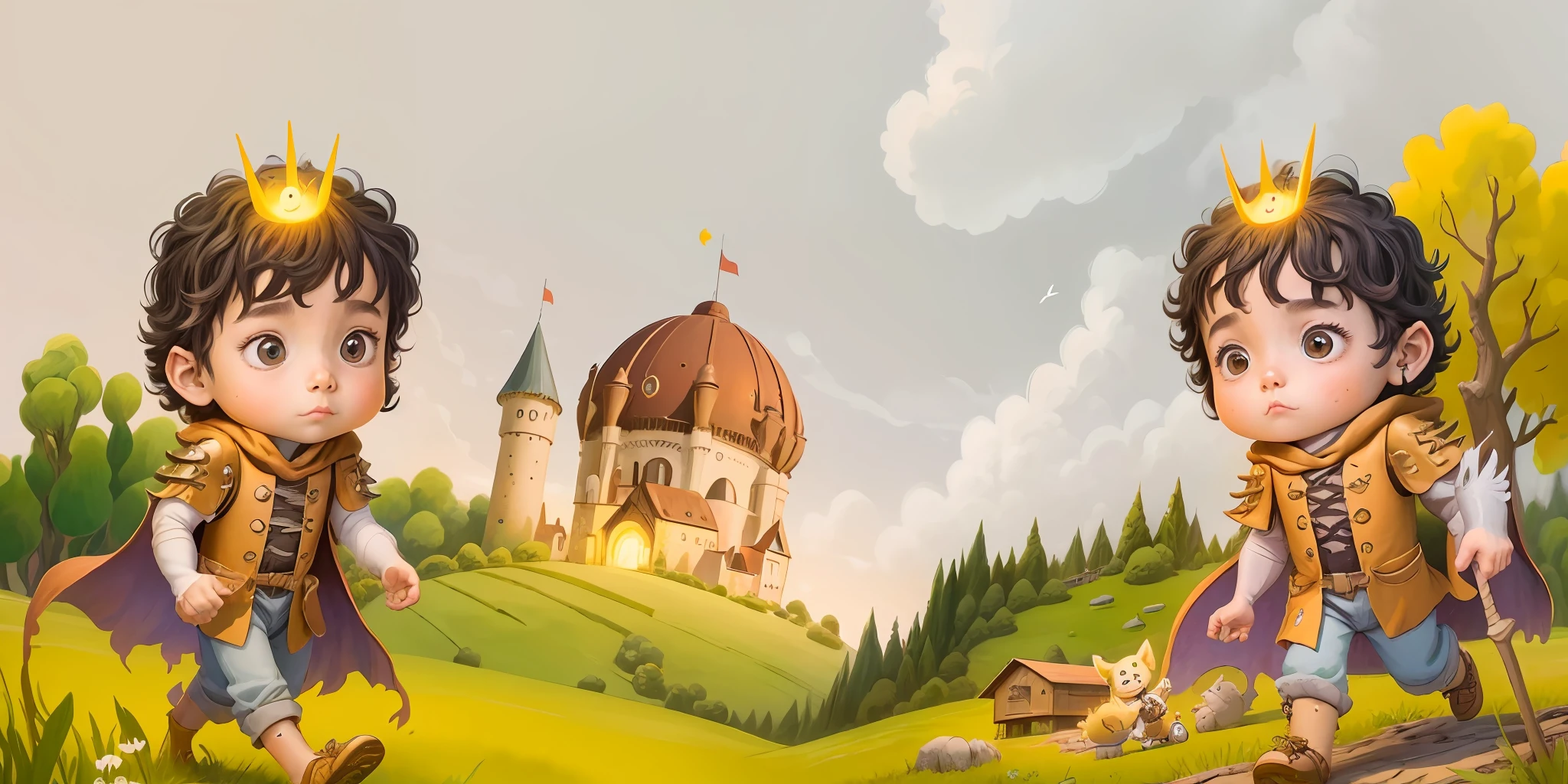 there are two children dressed in costumes walking in a field, story book illustration, storybook illustation, storybook illustration, children book illustration, kids book illustration, a storybook illustration, childrenbook illustration, children’s book illustration, children's book illustration, childrens book illustration, illustration for children, cute storybook illustration, fairytale illustration, story book design