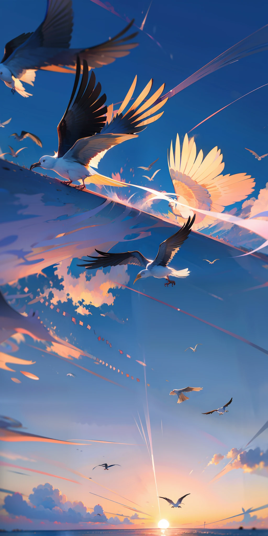 The beach is covered with colorful transparent smooth stones: 1.5, an absolutely mesmerizing sunset on the beach with a mix of orange, pink and yellow in the sky. The water is crystal clear, gently kissing the shore, and the white sand beach stretches as far as the eye can see. The scene is dynamic and breathtaking, with seagulls soaring high in the sky and palm trees gently swaying. Soak up the calming atmosphere and let tranquility envelop you.