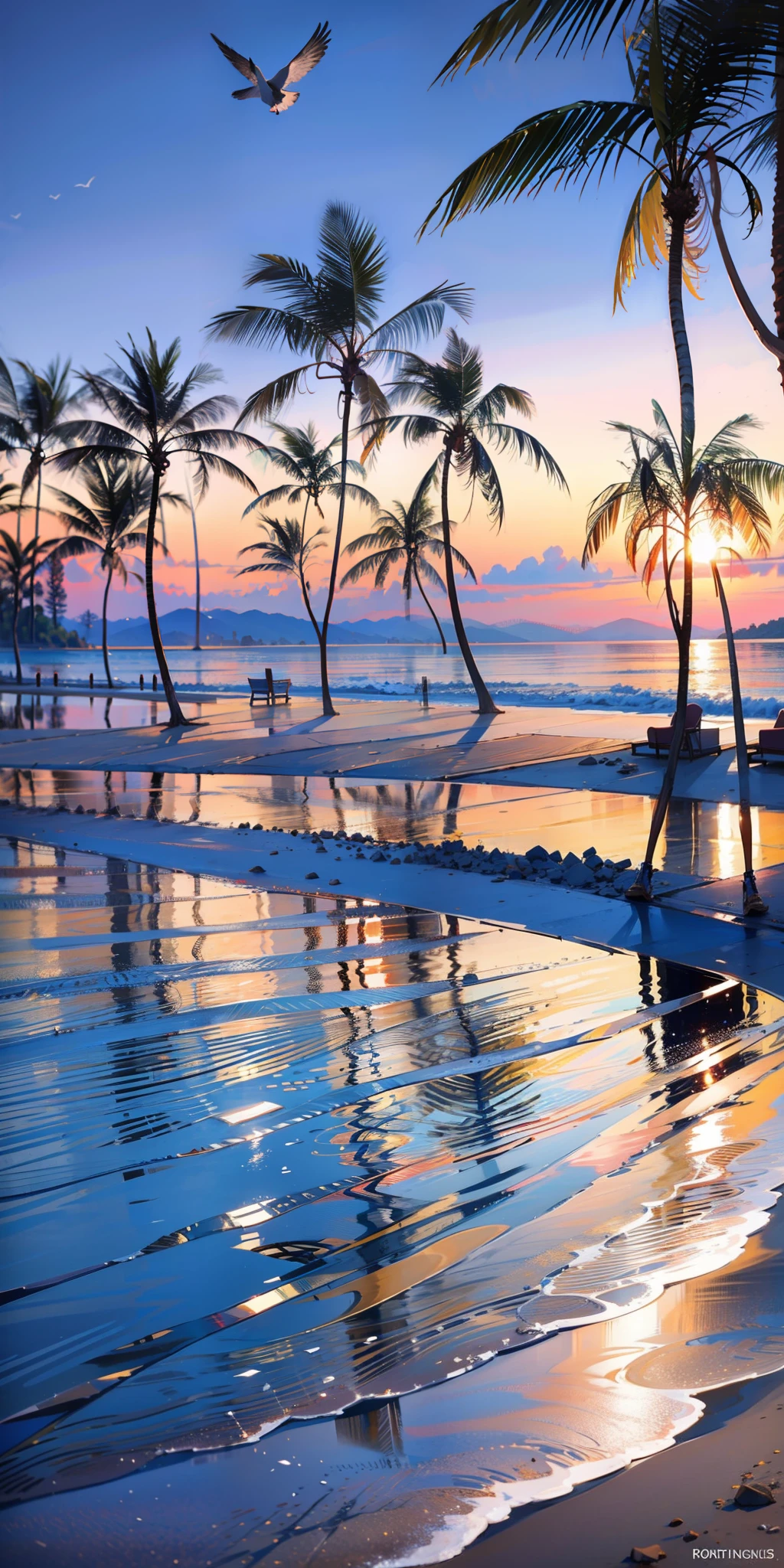 The beach is covered with colorful transparent smooth stones: 1.5, an absolutely mesmerizing sunset on the beach with a mix of orange, pink and yellow in the sky. The water is crystal clear, gently kissing the shore, and the white sand beach stretches as far as the eye can see. The scene is dynamic and breathtaking, with seagulls soaring high in the sky and palm trees gently swaying. Soak up the calming atmosphere and let tranquility envelop you.