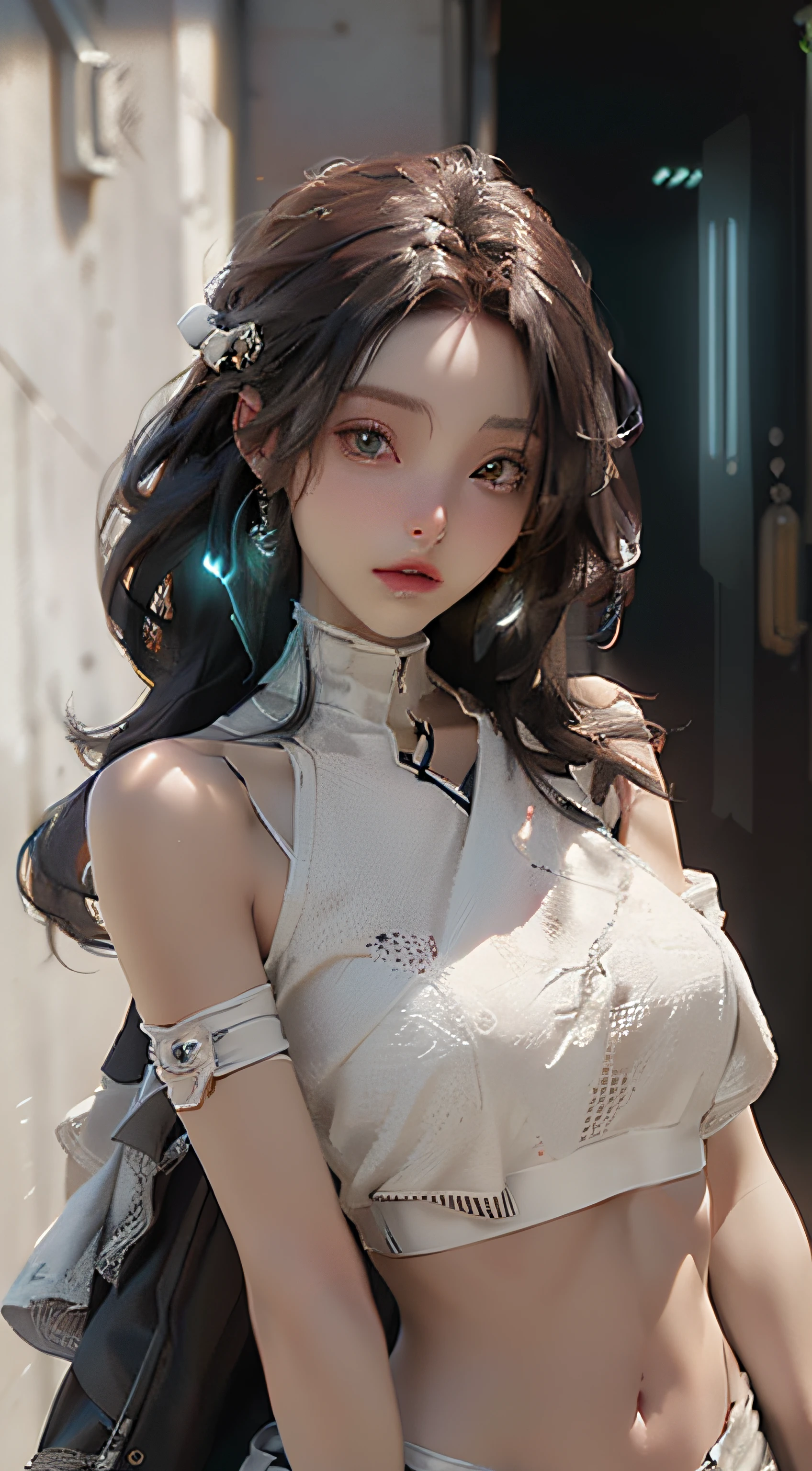 (Best Quality), ((Masterpiece), (Detail: 1.4), 3D, A Beautiful Cyberpunk Woman, HDR (High Dynamic Range), Ray Tracing, NVIDIA RTX, Super-Resolution, Unreal 5, Subsurface Scattering, PBR Textures, Post-Processing, Anisotropic Filtering, Depth of Field, Maximum Sharpness and Clarity, Multi-layer Textures, Albedo and Highlight Maps, Surface Shading, Accurate simulation of light-material interactions, perfect proportions, Octane Render, two-color light, large aperture, low ISO, white balance, rule of thirds, 8K RAW, gel coat, skinny, ribs
