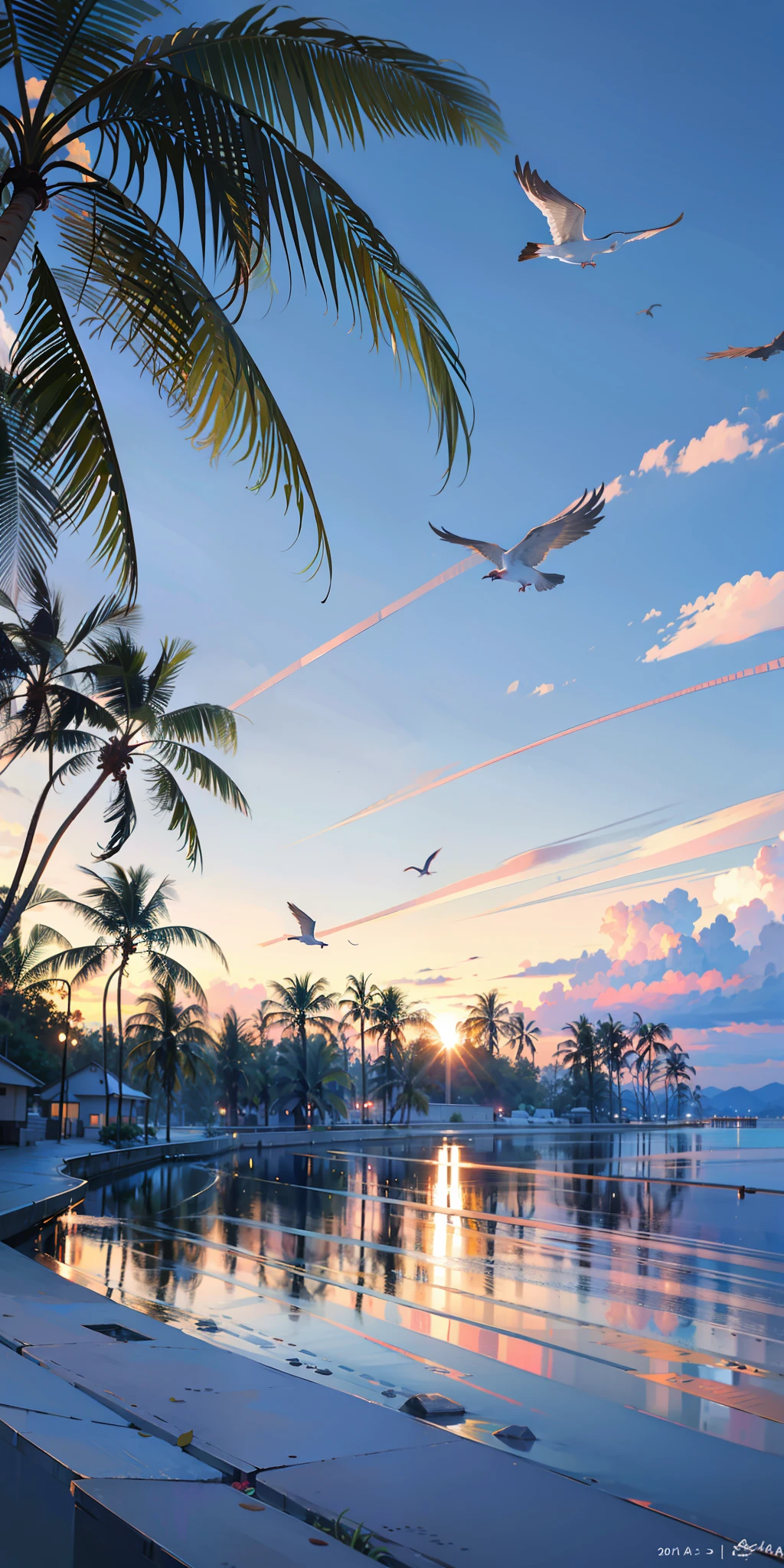 The beach is covered with colorful transparent smooth stones: 1.5, an absolutely mesmerizing sunset on the beach with a mix of orange, pink and yellow in the sky. The water is crystal clear, gently kissing the shore, and the white sand beach stretches as far as the eye can see. The scene is dynamic and breathtaking, with seagulls soaring high in the sky and palm trees gently swaying. Soak up the calming atmosphere and let tranquility envelop you.