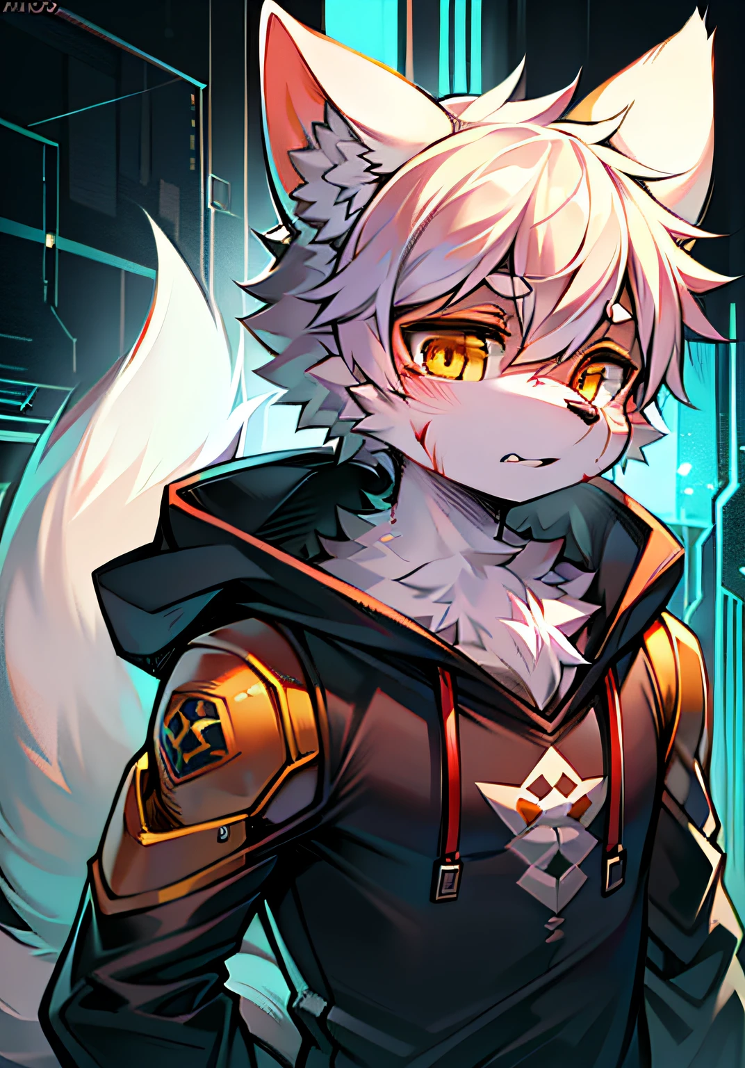 Future World, Cyberpunk, Mechanical Wind, Full Body, Teenage Wolf, Characters, Masterpiece, Furry Tail, Highest Quality, 8K, Full HD Background, Cartoon, Cute, Killer, Cold-Blooded, Covered in Blood, Kemono, Male, Plush Fluffy, Furry, White Fur, White Body, White Ears, Orange-Yellow Eyes, Single, Wolf Tail, Wolf Ears, (((Bust Portrait)), Soft Lines, Soft Clothing Lines
