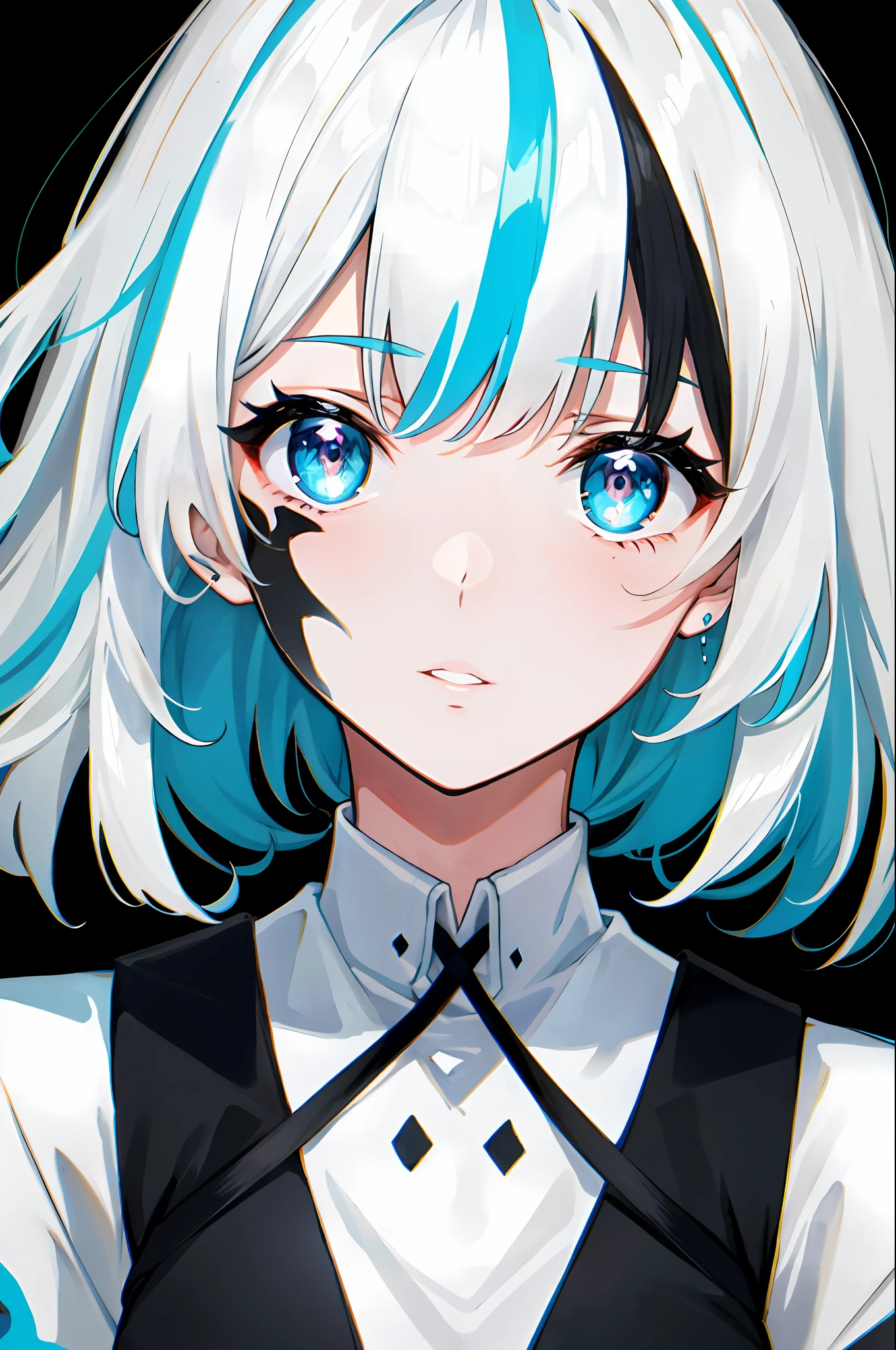 close up shot, eye close up, ((masterpiece)), ((ultra-detailed)), pixiv, best shadows, best lighting, best quality, cinematic shot, 1girl, solo, bangs, black background, paint, portrait, short hair, blunt bangs, parted lips, paint splatter, ((two-tone hair)), looking at viewer, white hair, ((colorful eyes)), paint splatter on face, chromatic aberration, simple background