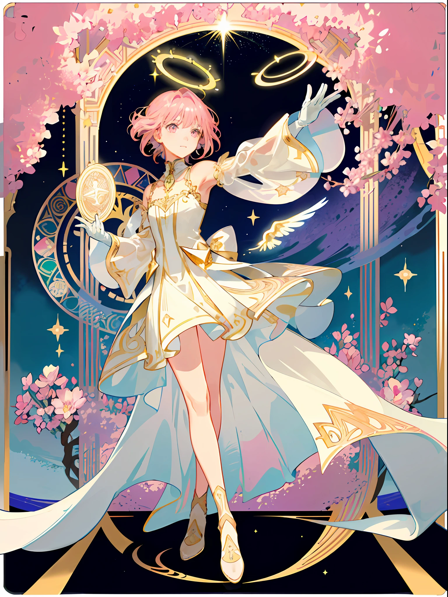 ((masterpiece,best quality)),(1girl, solo:1.4),beautiful detailed eyes, vivid, cinematic light, full_body, pink_flowers, (tarot_card), intricate, detailed background, looking_at_viewer, Madoka Kaname, hands reaching out, (flat chest), (walking), casual pose, posing, (white_gloves), (pink_eyes), white feathers, sparkles, glitter, celestial, outerspace, by alphonse mucha, (gold frame), halo, (tarot border)