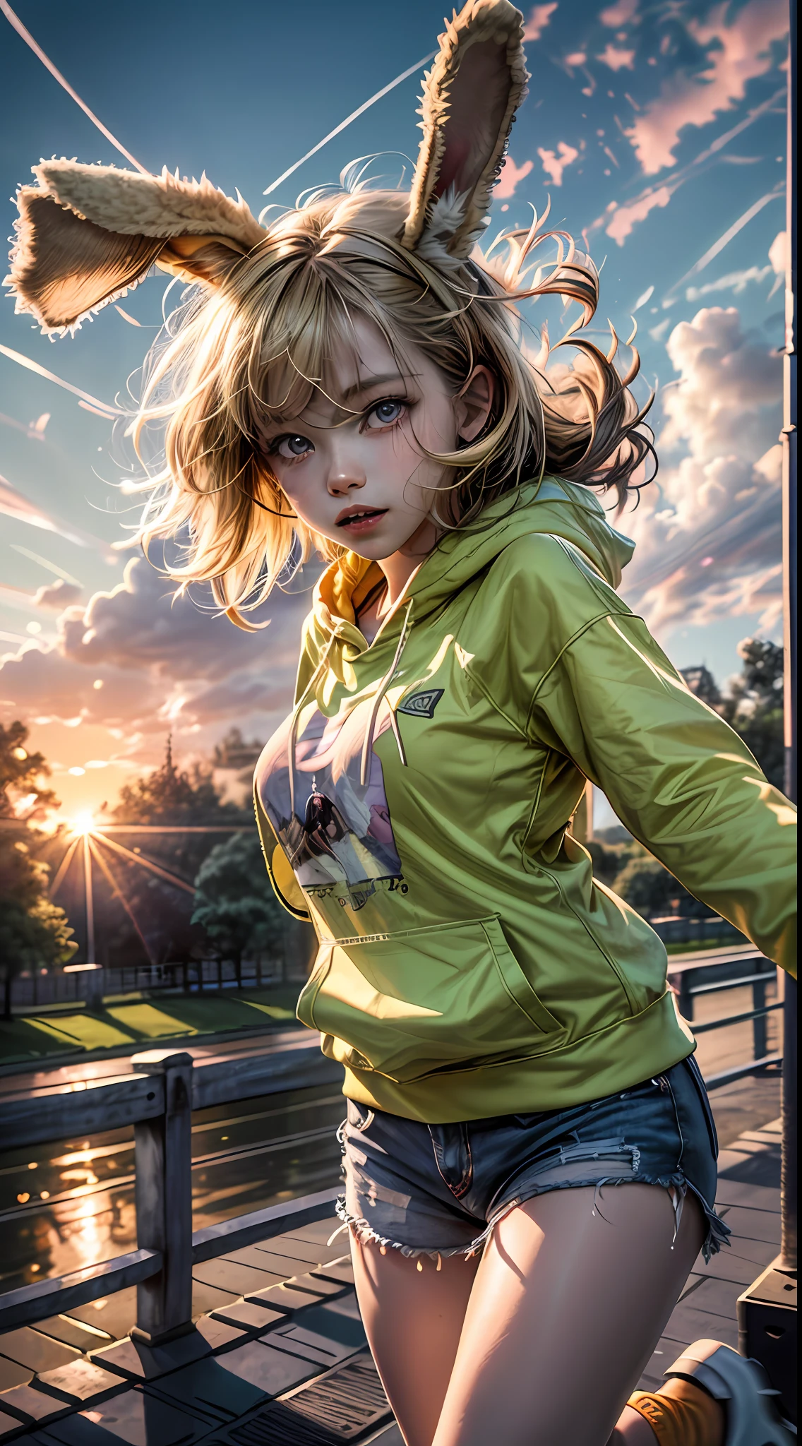 Title: Sunset Adventure

In this vibrant digital illustration titled "Sunset Adventure," a 10-year-old girl exudes a sense of adventure and freedom. She embraces a surfer-inspired style, wearing loose-fitting clothes and a unique yellow hoodie with large rabbit ears, showcasing her playful personality. Her blonde hair is whimsically styled with a vibrant shade of blue, adding to her captivating appearance.

Set in a park during a beautiful sunset, the illustration portrays the girl confidently gliding on roller skates, radiating grace and joy in her movements. The park is lush with greenery, and the golden rays of the setting sun create a warm and enchanting atmosphere. A gentle breeze rustles through the trees, adding a touch of motion to the scene.

With light pink eyes full of wonder and curiosity, the girl's vibrant energy matches the colors of the sky as the sun begins to set. Hues of orange, pink, and purple paint a breathtaking backdrop for her carefree spirit and youthful optimism. The illustration comes to life through intricate digital rendering, capturing the girl's lively personality and her joyful exploration of the park at sunset.