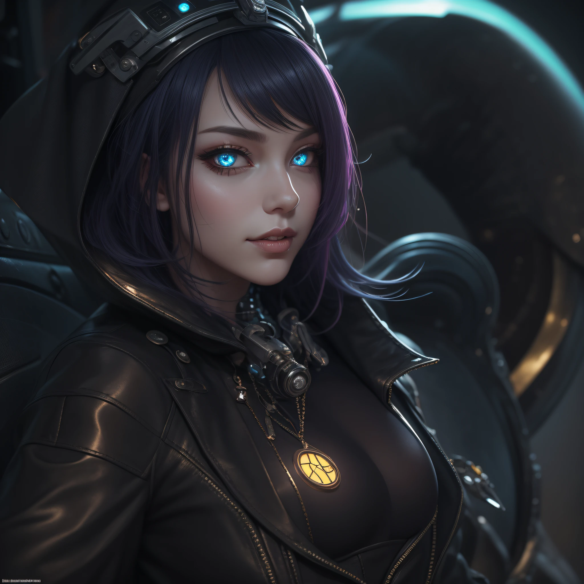 A stunningly beautiful woman radiating seductive charm, dressed in high fashion cyberpunk attire. Her clothes are a blend of the retro and the futuristic, incorporating elements like neon-lit accents, sleek black leather, and subtle holographic details. Her hair is a vibrant color, glowing in the urban night, styled in a modern and edgy cut. She is adorned with tasteful cybernetic enhancements, highlighting her captivating eyes and the curve of her smile. Her look is one of confidence, intrigue, and allure, inviting you into her world of high-tech glamour.
Art Styles: Realism, Cyberpunk
Art Inspirations: Masamune Shirow, Syd Mead, H.R. Giger."