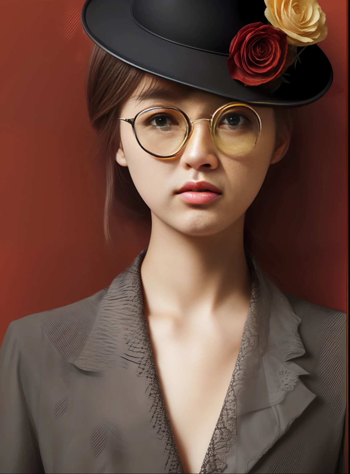 davidetton photography of julia anderson, in the style of pop-inspired realism, optical illusionism, dots and lines, flat illustrations, dark yellow and red, genderless, hallyu, close-up