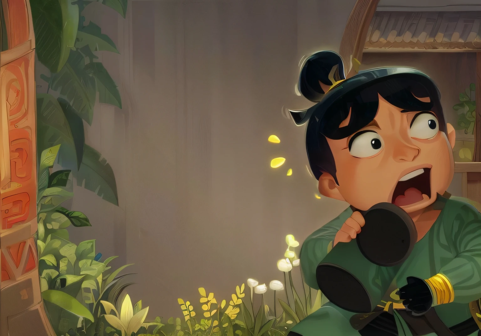 Cartoon of a boy playing with bells in the garden, holding a bell, holding a golden bell, storybook illustration, children's book illustration, animated film, inspired by Guan Daosheng, storybook illustration, inspired by Gong Kai, children's book illustration, children's book illustration, children's book illustration, negao, official fanwork, inspired by Gong Xian
