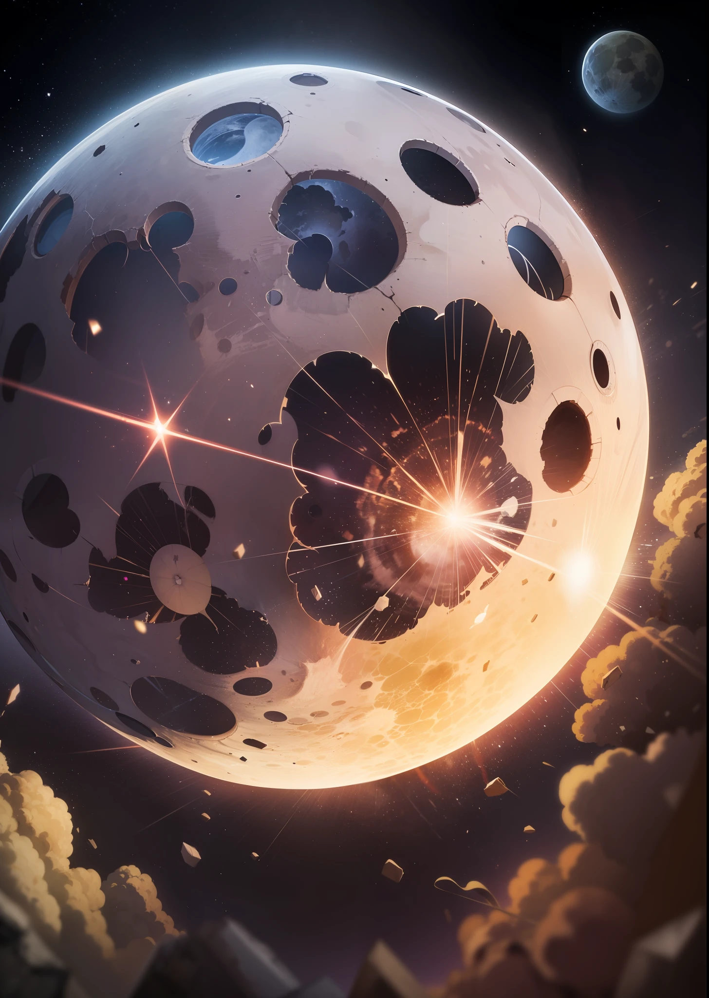 pureerosface_v1, best quality, realistic, 8k, high resolution, blow up, huge debris, moon destroyed, particle light effects, explosion, looking up at the moon from the earth, giant fear whole