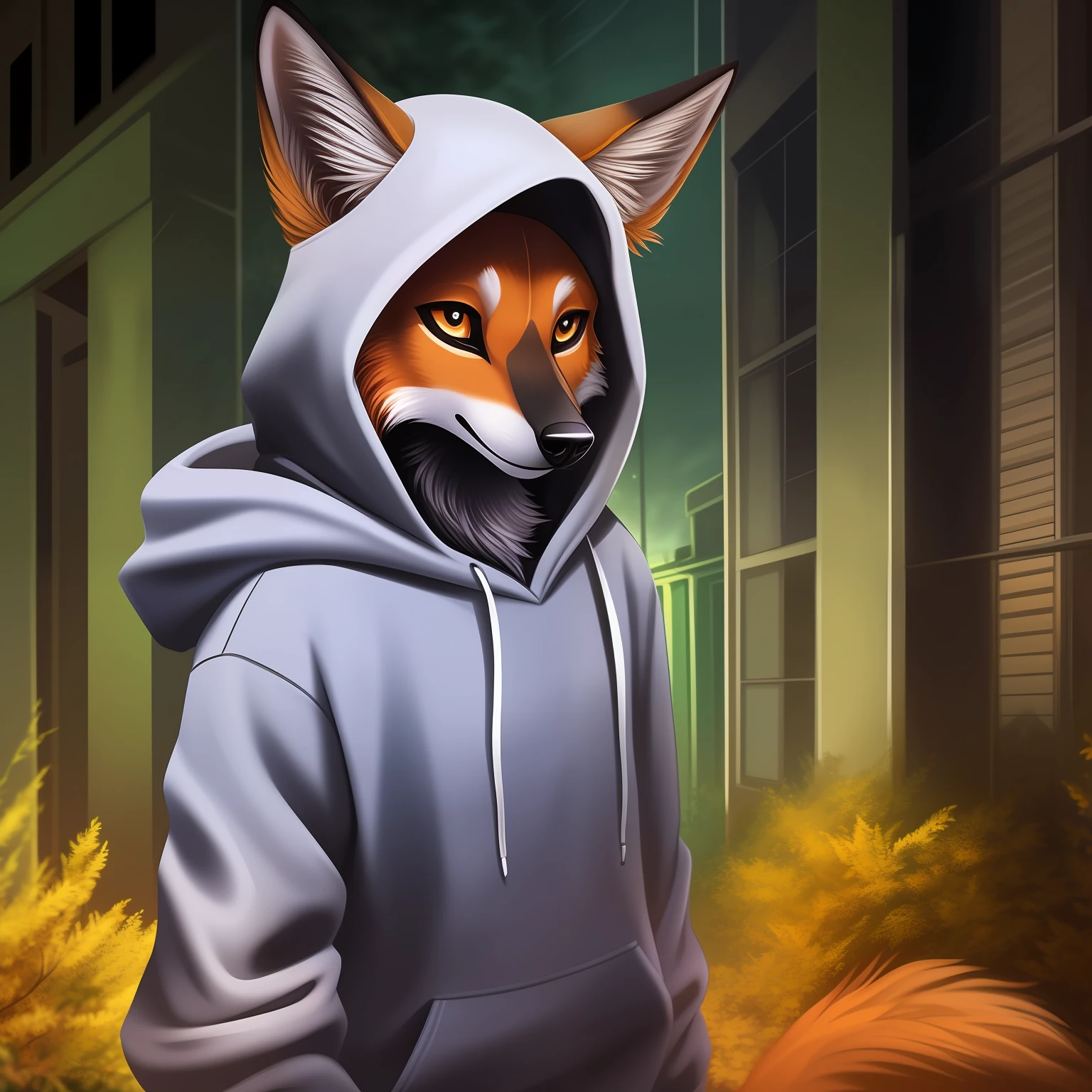 Create an image of an anthropomorphic maned wolf in a nocturnal urban setting. The maned wolf, now assuming human characteristics, is wearing a white hoodie that completely envelops its body. The hoodie's hood covers its head, revealing only the elongated snout and eyes. Additional pieces of fabric are skillfully tied around its body, creating layers that conceal its original lupine form and provide an enigmatic appearance. Its eyes remain serious, almost devoid of emotion, conveying a sense of distance and isolation. The surrounding nocturnal urban environment is quiet and dark, with dim lights illuminating the deserted streets. The anthropomorphic maned wolf stands in an introspective pose, while a single point of light highlights its features and details, emphasizing the duality between wild nature and humanity portrayed in the image. Feel free to add any additional elements that may enhance the atmosphere and visual narrative of the image.