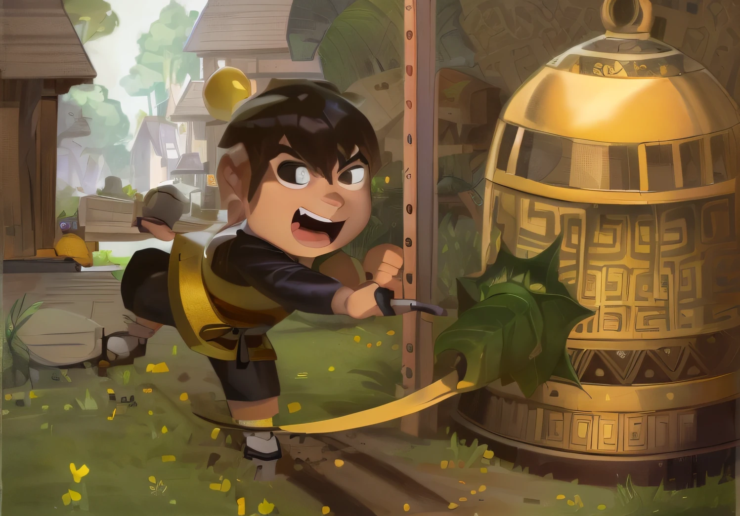 Cartoon of a boy playing with bells in the garden, holding a bell, holding a golden bell, storybook illustration, children's book illustration, animated film, inspired by Guan Daosheng, storybook illustration, inspired by Gong Kai, children's book illustration, children's book illustration, children's book illustration, negao, official fanwork, inspired by Gong Xian