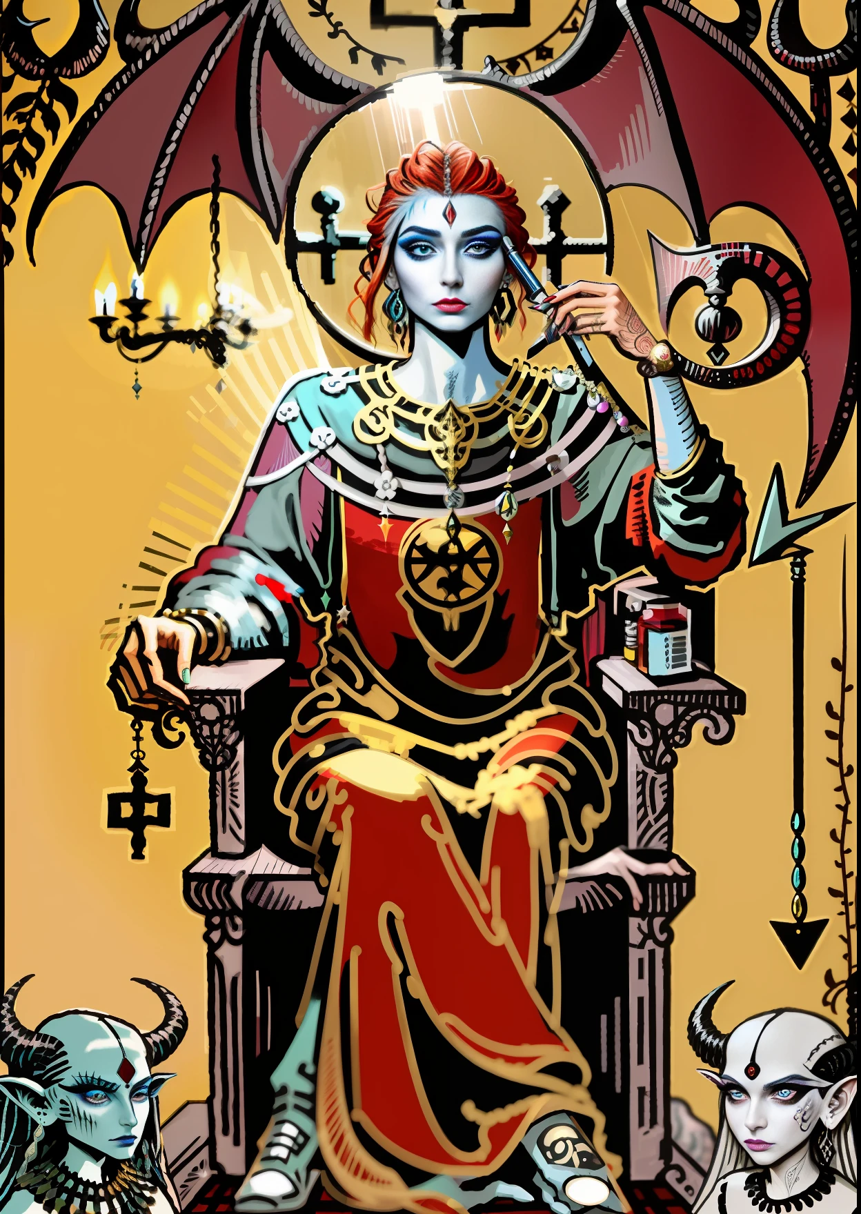 Make a tarot-style image of a human makeup artist sitting in a chair in front of a mirror helping a demon to put on makeup