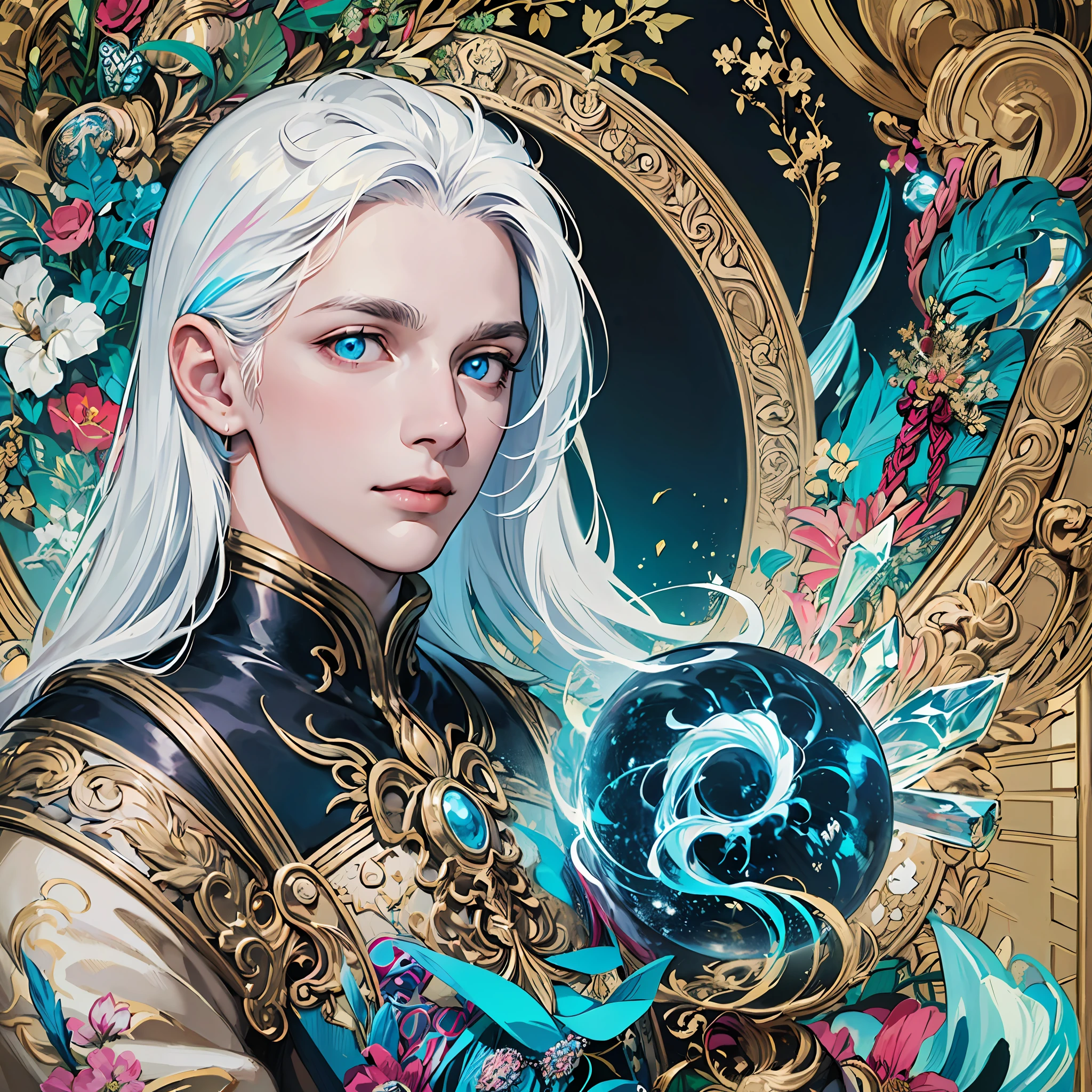 Realistic, (Masterpiece, Top Quality, Best Quality, Official Art, Beauty and Aesthetics: 1.2), Very Detailed, Fractal Art, Colorful, Most Detailed, Zentangle, (Abstract Background: 1.5) (1boy: 1.3), God, White Hair, Long Hair, (Glowing Blue Eyes), Mysterious, (Magic), Crystal, Handsome Man, Knight