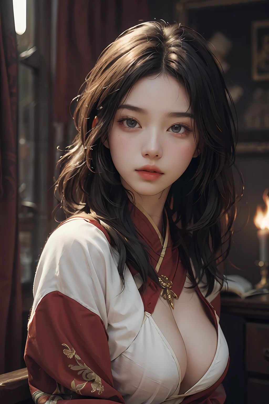 (RAW photo, best quality), (realistic, photo-realistic:1.3), best quality, highly detailed, masterpiece, ultra-detailed, illustration, 1girl, upper_body, dynamic angle, world mastery theater, messy_long_hair,best quality, extremely detailed CG unity 8k壁纸，墨水，惊人，电影灯光，lens_flare，dunhuang_style，large boobs, no bra, red clothes,