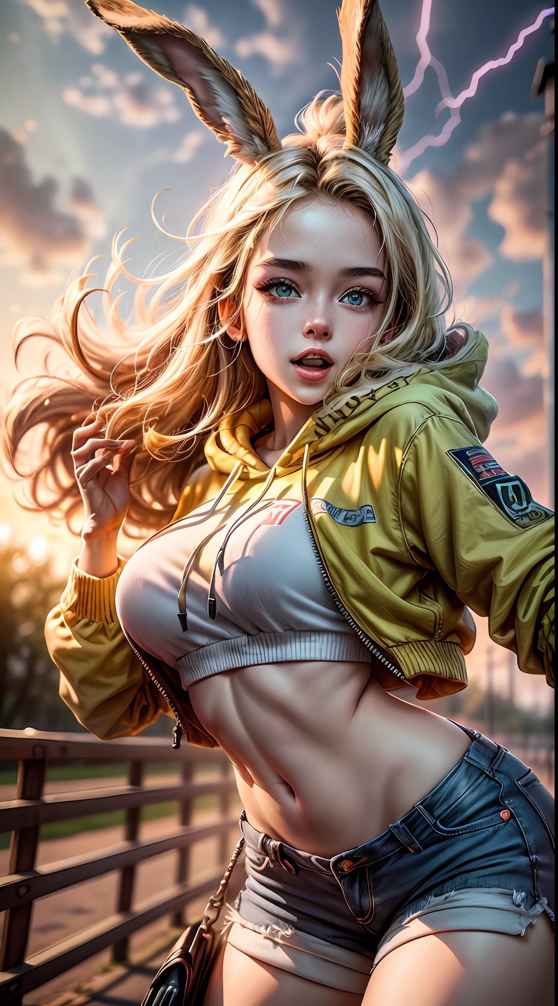 Title: Sunset Adventure In this vibrant digital illustration titled "Sunset Adventure," a 20-year-old girl exudes a sense of adventure and freedom. She embraces a surfer-inspired style, wearing loose-fitting clothes and a unique yellow hoodie with large rabbit ears, showcasing her playful personality. Her blonde hair is whimsically styled with a vibrant shade of blue, adding to her captivating appearance. Set in a park during a beautiful sunset, the illustration portrays the girl confidently gliding on roller skates, radiating grace and joy in her movements. The park is lush with greenery, and the golden rays of the setting sun create a warm and enchanting atmosphere. A gentle breeze rustles through the trees, adding a touch of motion to the scene. With light pink eyes full of wonder and curiosity, the girl's vibrant energy matches the colors of the sky as the sun begins to set. Hues of orange, pink, and purple paint a breathtaking backdrop for her carefree spirit and youthful optimism. The illustration comes to life through intricate digital rendering, capturing the girl's lively personality and her joyful exploration of the park at sunset, Cinematic, Hyper-detailed, insane details, Beautifully color graded, Unreal Engine, DOF, Super-Resolution, Megapixel, Cinematic Lightning, Anti-Aliasing, FKAA, TXAA, RTX, SSAO, Post Processing, Post Production, Tone Mapping, CGI, VFX, SFX, Insanely detailed and intricate, Hyper maximalist, Hyper realistic, Volumetric, Photorealistic, ultra photoreal, ultra-detailed, intricate details, 8K, Super detailed, Full color, Volumetric lightning, HDR, Realistic, Unreal Engine, 16K, Sharp focus, octane render --v testp