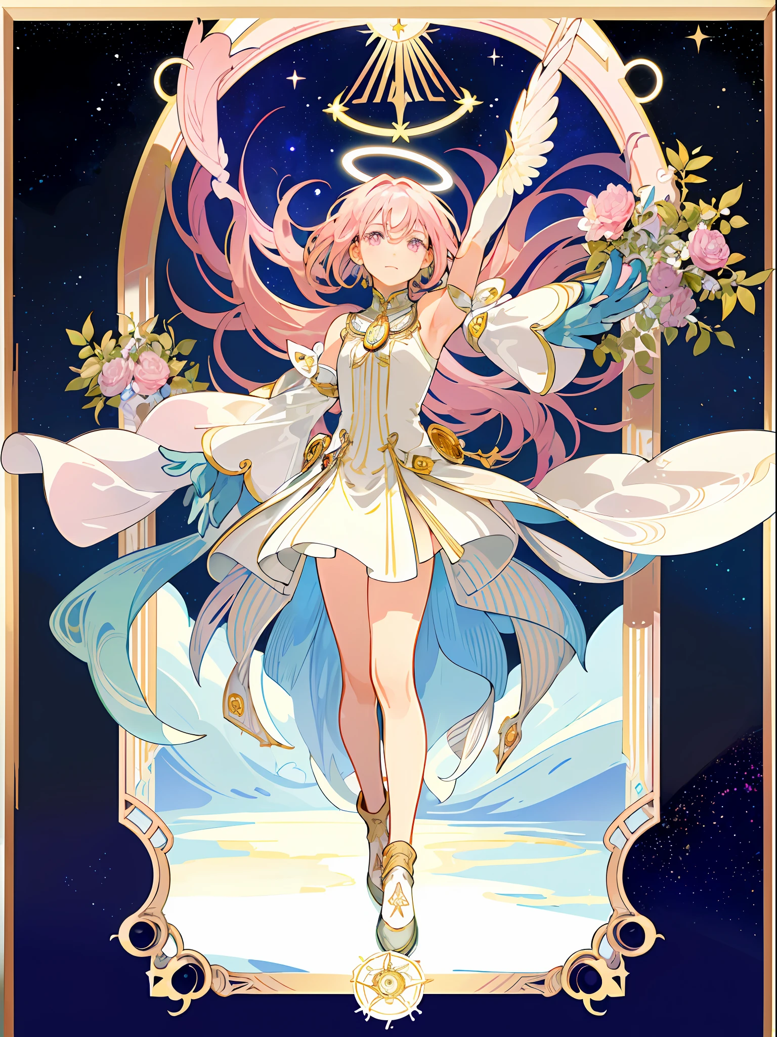 ((masterpiece,best quality)),(1girl, solo:1.4),beautiful detailed eyes, vivid, cinematic light, full_body, pink_flowers, (tarot_card), intricate, detailed background, looking_at_viewer, Madoka Kaname, hands reaching out, (flat chest), (walking), casual pose, posing, (white_gloves), (pink_eyes), white feathers, sparkles, glitter, celestial, outerspace, by alphonse mucha, (gold frame), halo, (tarot border)