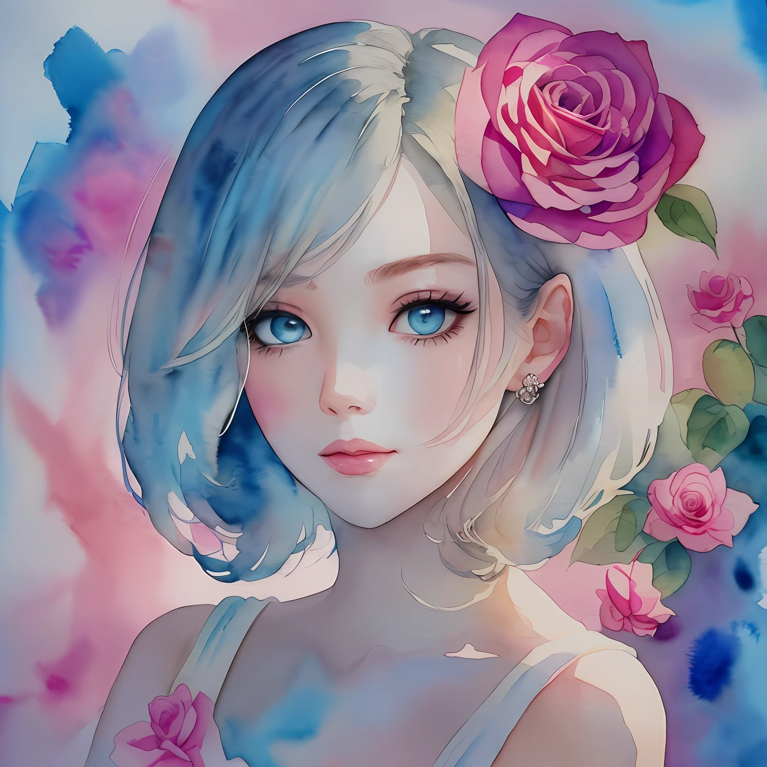 (Best Quality), (Masterpiece: 1.2), (Colorful: 0.9), (Ink Splash), (Color Splash), ((Watercolor)), Sharp Focus, (Portrait Summer Goddess: 1.5), Cute Look, Elegant Pink Haircut, Beautiful and Detailed Face and Eyes, Elegant Clothes, White Rose Background, Colored Water