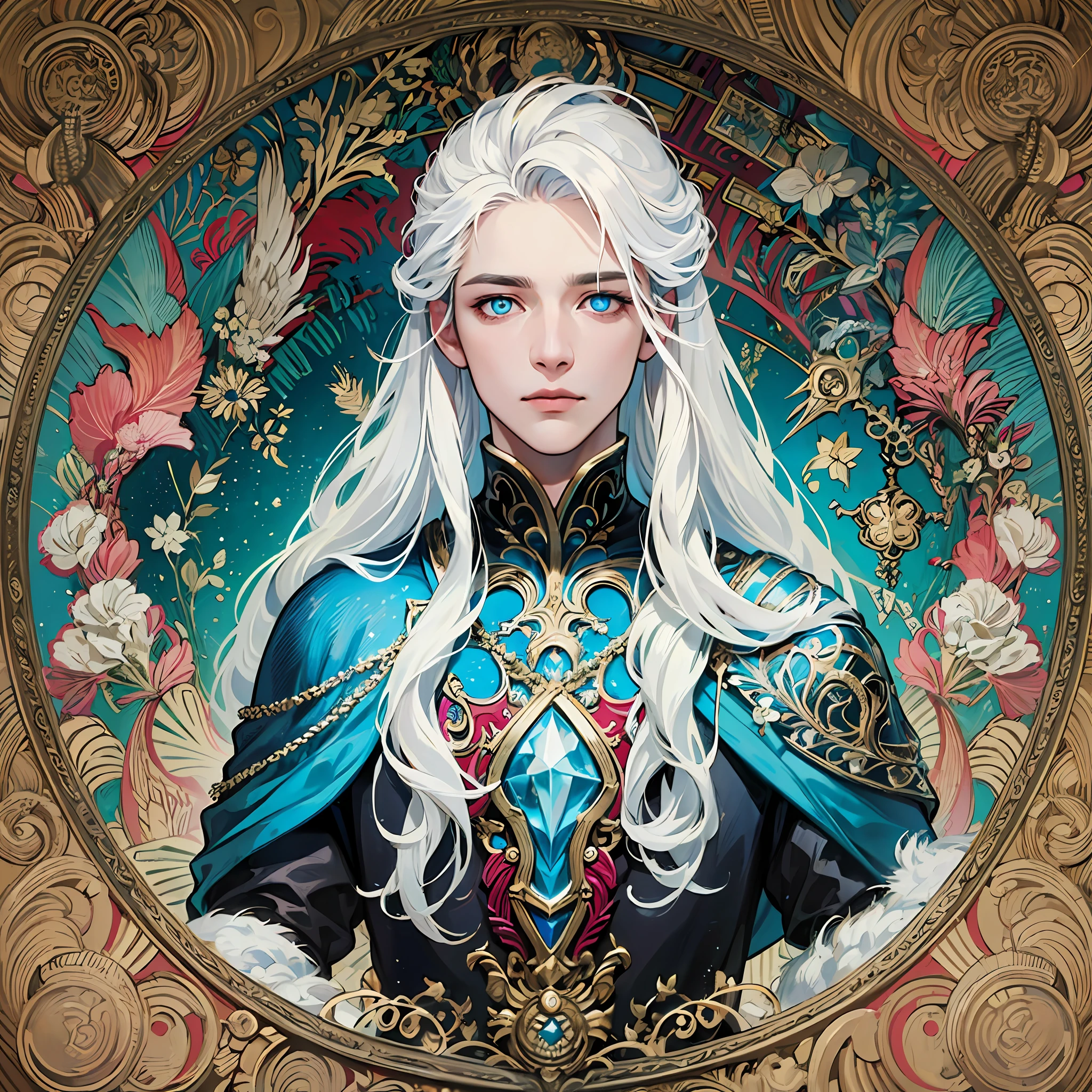 Realistic, (Masterpiece, Top Quality, Best Quality, Official Art, Beauty and Aesthetics: 1.2), Very Detailed, Fractal Art, Colorful, Most Detailed, Zentangle, (Abstract Background: 1.5) (1boy: 1.3), God, White Hair, Long Hair, (Glowing Blue Eyes), Mysterious, (Magic), Crystal, Handsome Man, Knight