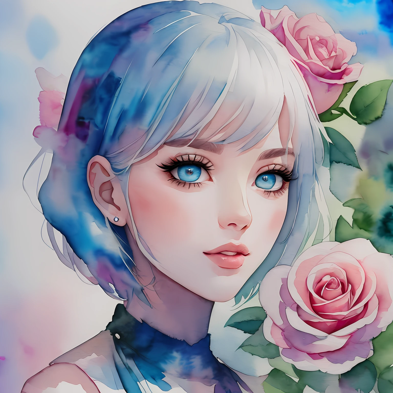 (Best Quality), (Masterpiece: 1.2), (Colorful: 0.9), (Ink Splash), (Color Splash), ((Watercolor)), Sharp Focus, (Portrait Summer Goddess: 1.5), Cute Look, Elegant Pink Haircut, Beautiful and Detailed Face and Eyes, Elegant Clothes, White Rose Background, Colored Water