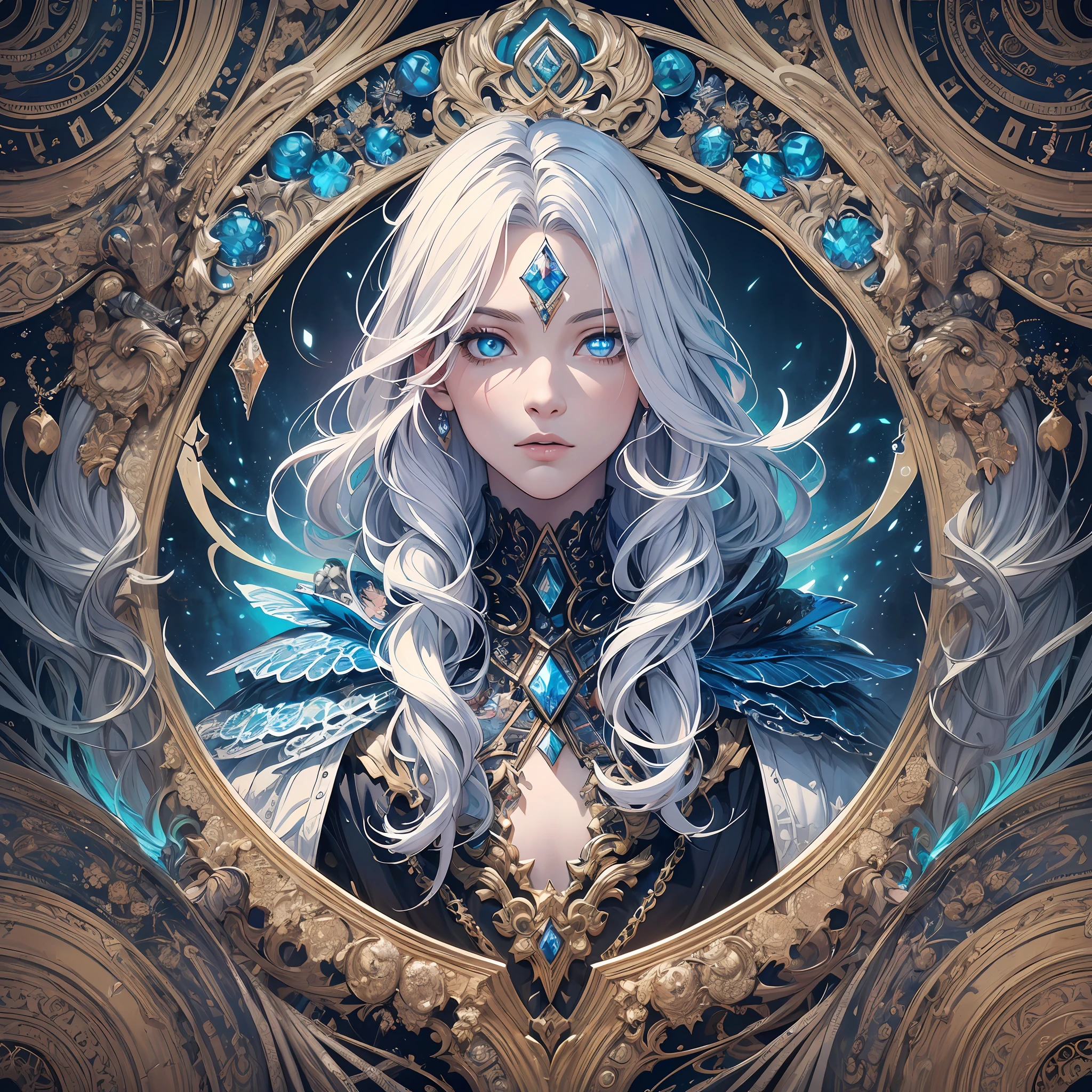 Realistic, (Masterpiece, Top Quality, Best Quality, Official Art, Beauty and Aesthetics: 1.2), Very Detailed, Fractal Art, Colorful, Most Detailed, Zentangle, (Abstract Background: 1.5) (1boy: 1.3), God, White Hair, Long Hair, (Glowing Blue Eyes), Mysterious, (Magic), Crystal, Handsome Man, Knight