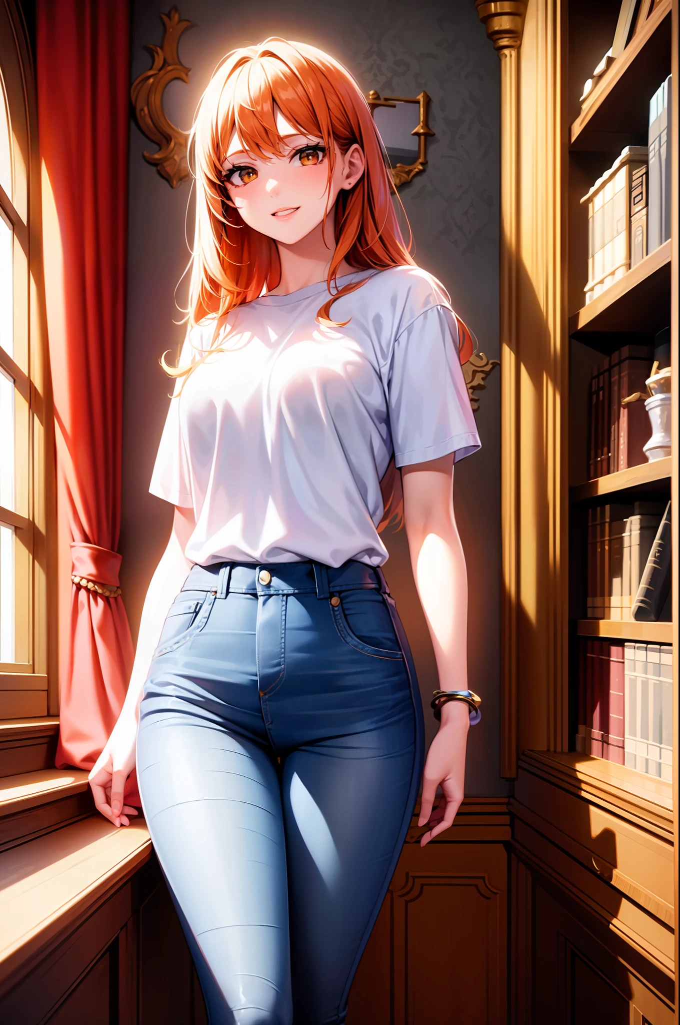 masterpiece, ((ultra detailed background, delicate pattern, intricate detail)), (highly detailed, fine details), best quality, beautiful lighting,((medium breasts, slim girl)), NamiV3,  1girl, orange hair, solo, long hair, ((medium breasts, slim girl, white T-shirt, jeans, simple T-shirt)), blue tattoo, brown eyes, smile, bracelet, covered shoulders, (complex detailed background, inside, castle room environment, medieval castle, gray walls, window, bookshelf), ((cowboy shot)),